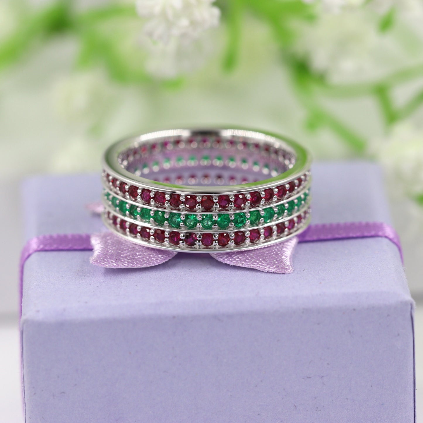Emerald & Ruby Eternity Ring: 14k Gold Anniversary Band, 7mm
