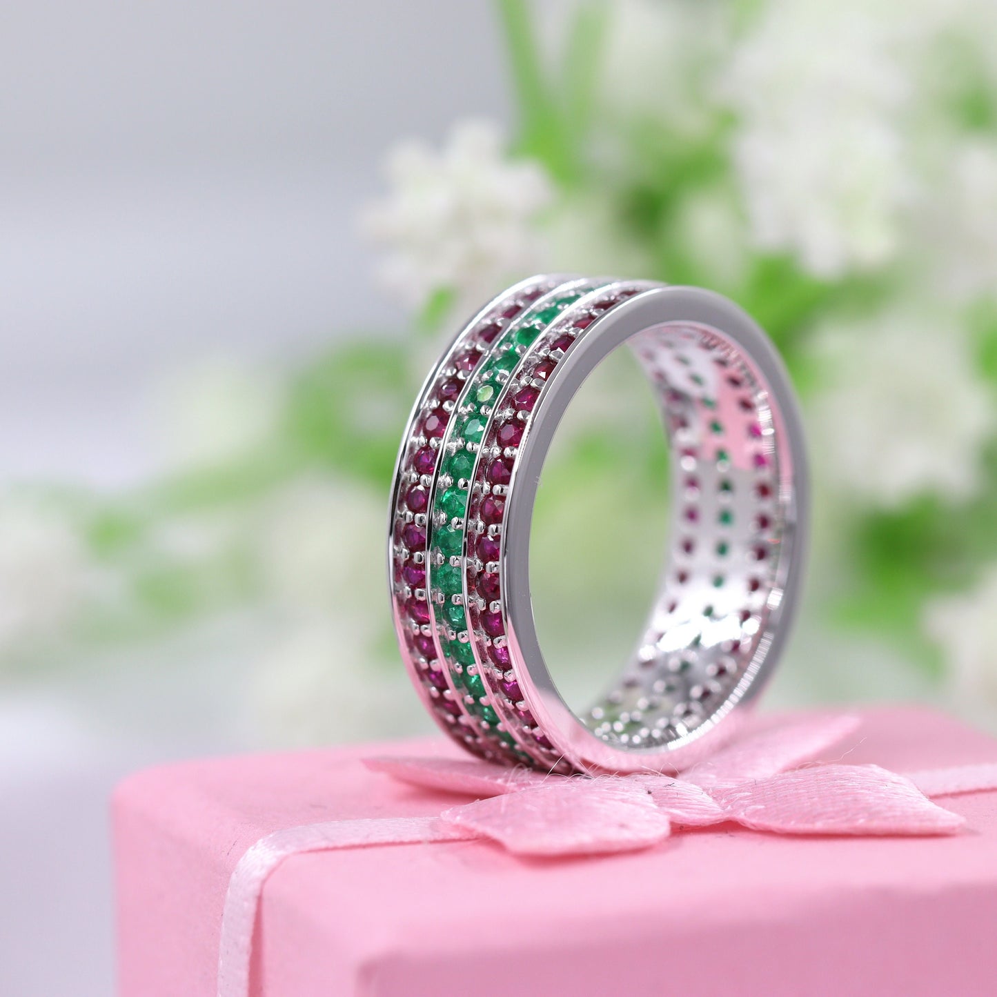 Emerald & Ruby Eternity Ring: 14k Gold Anniversary Band, 7mm