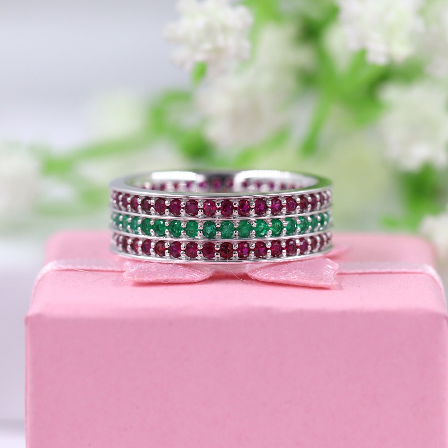 Emerald & Ruby Eternity Ring: 14k Gold Anniversary Band, 7mm