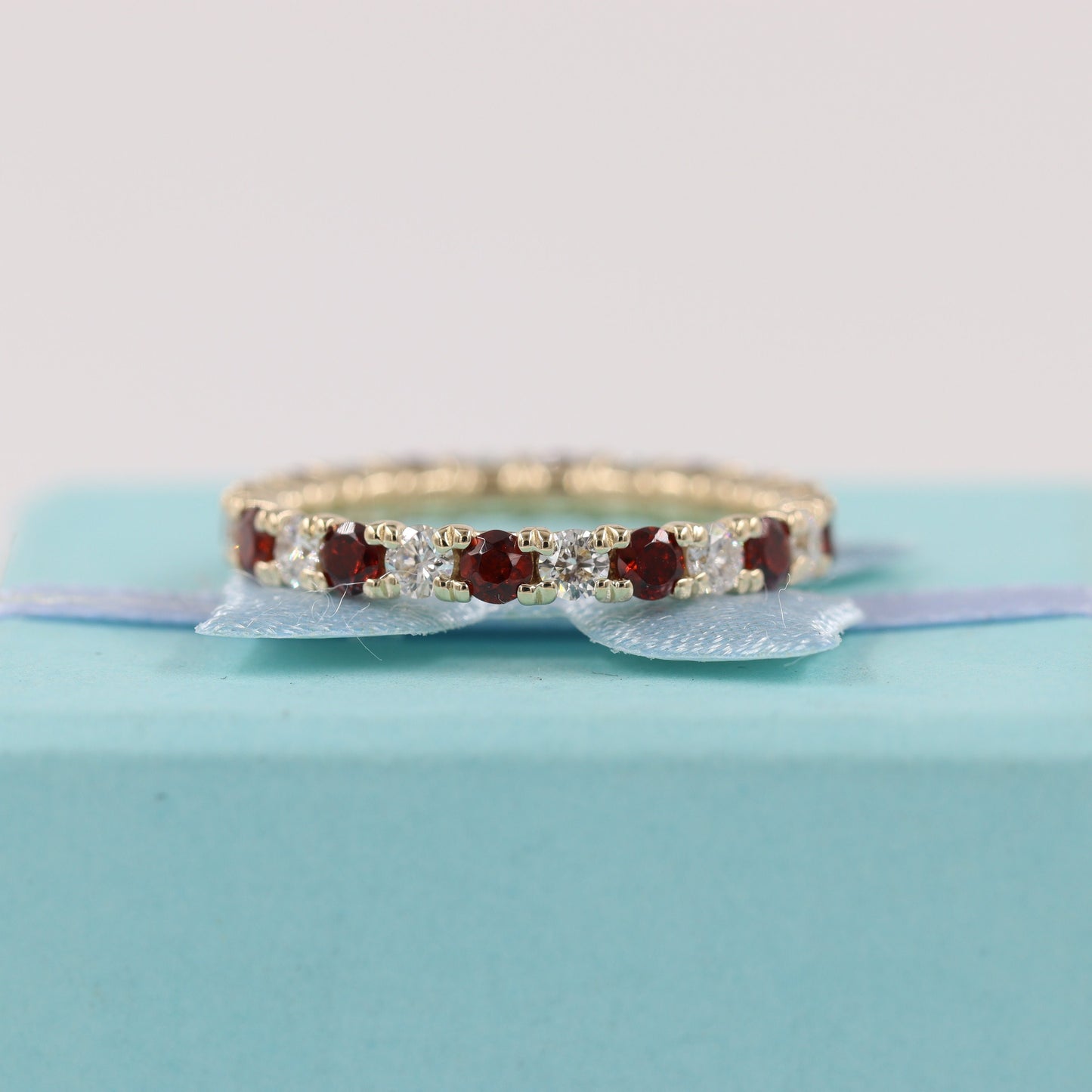 14K Gold Natural Diamond & Garnet Eternity Band - Handmade Stackable Ring- Anniversary Gift