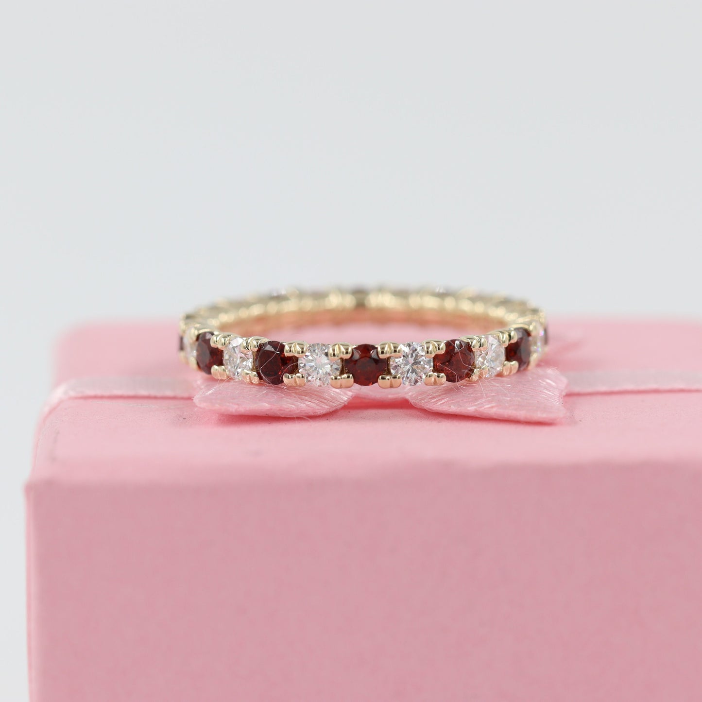 14K Gold Natural Diamond & Garnet Eternity Band - Handmade Stackable Ring- Anniversary Gift