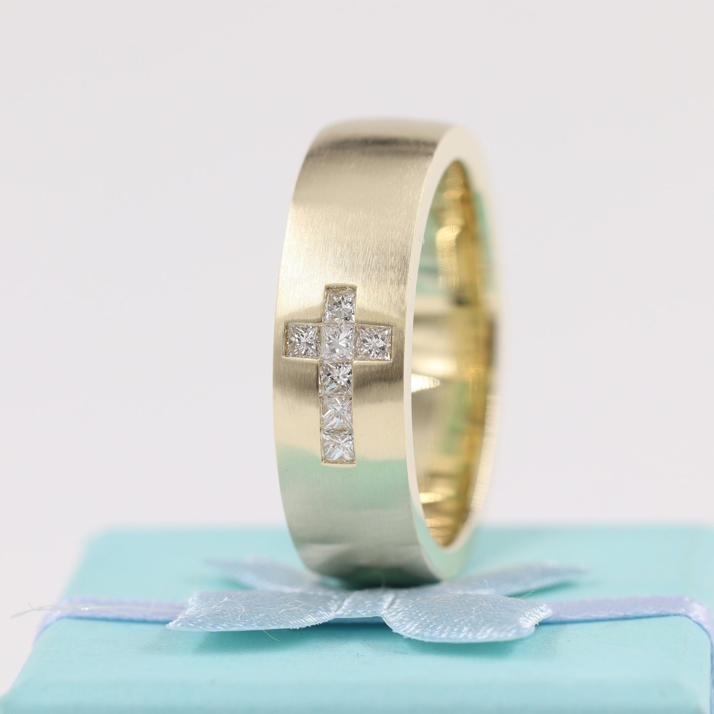 Princess Cut Natural Diamond Cross Ring: 14K Gold Religious Band - Anniversary gift