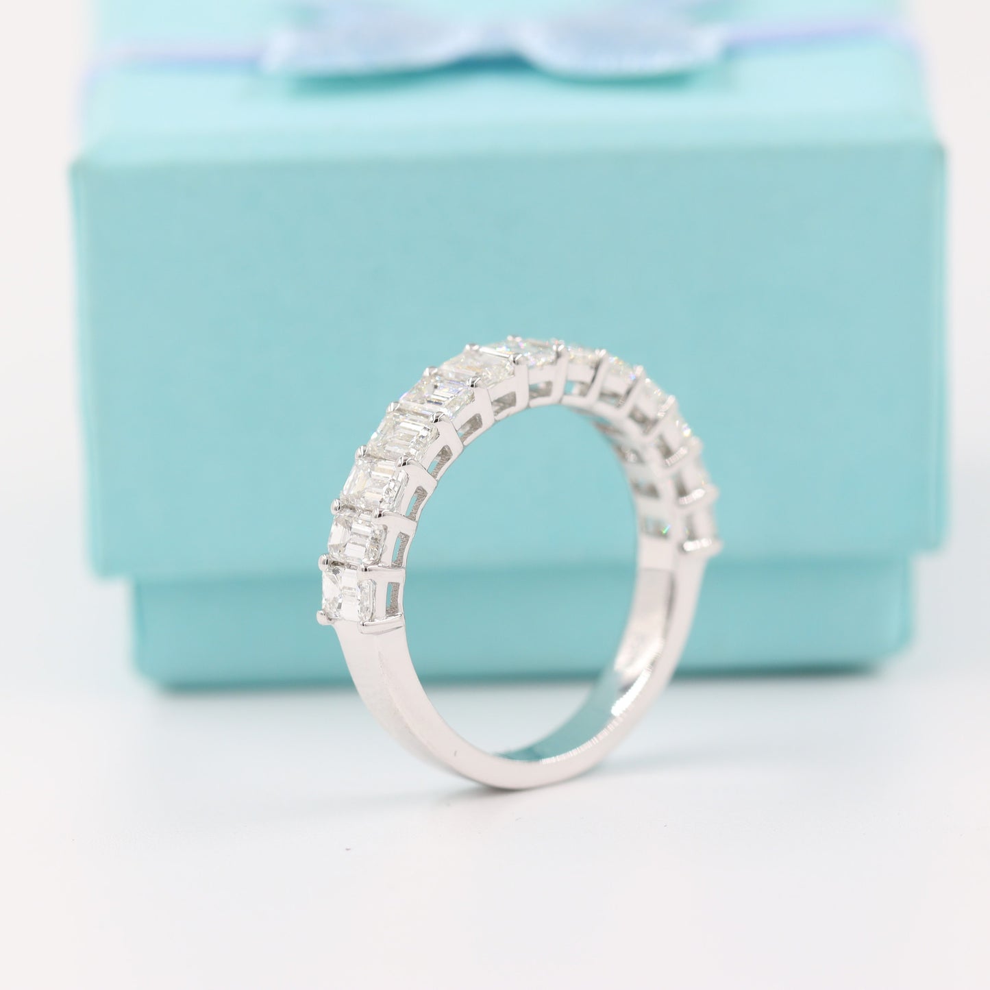 Emerald Cut Natural Diamond Ring: 14K Gold Half Eternity Wedding Band - 18K Gold, Platinum Diamond Ring - Anniversary gift