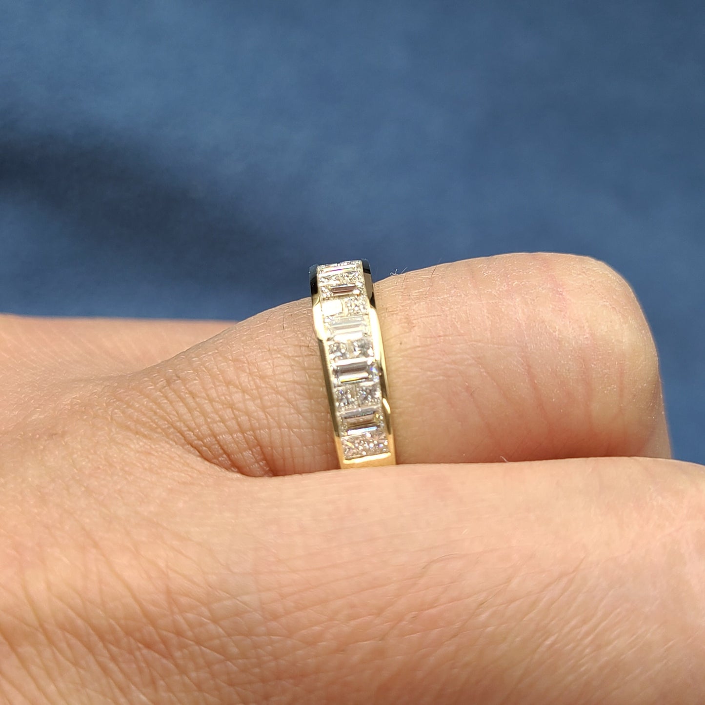 Invisible Set Natural Diamond Wedding Band: Baguette & Princess Cut, Platinum/Gold- Anniversary Gift