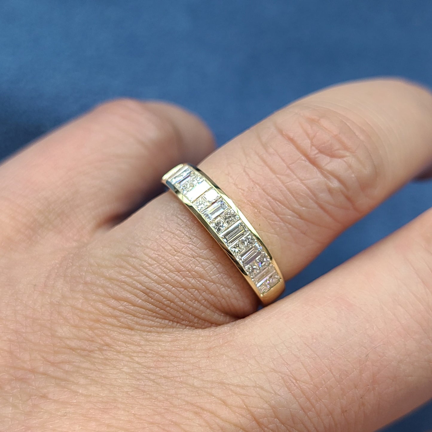 Invisible Set Natural Diamond Wedding Band: Baguette & Princess Cut, Platinum/Gold- Anniversary Gift