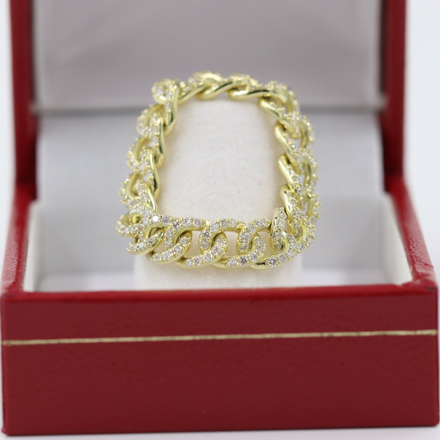 18K Gold Natural Diamond Cuban Link Ring: Handmade Stackable Chain Ring