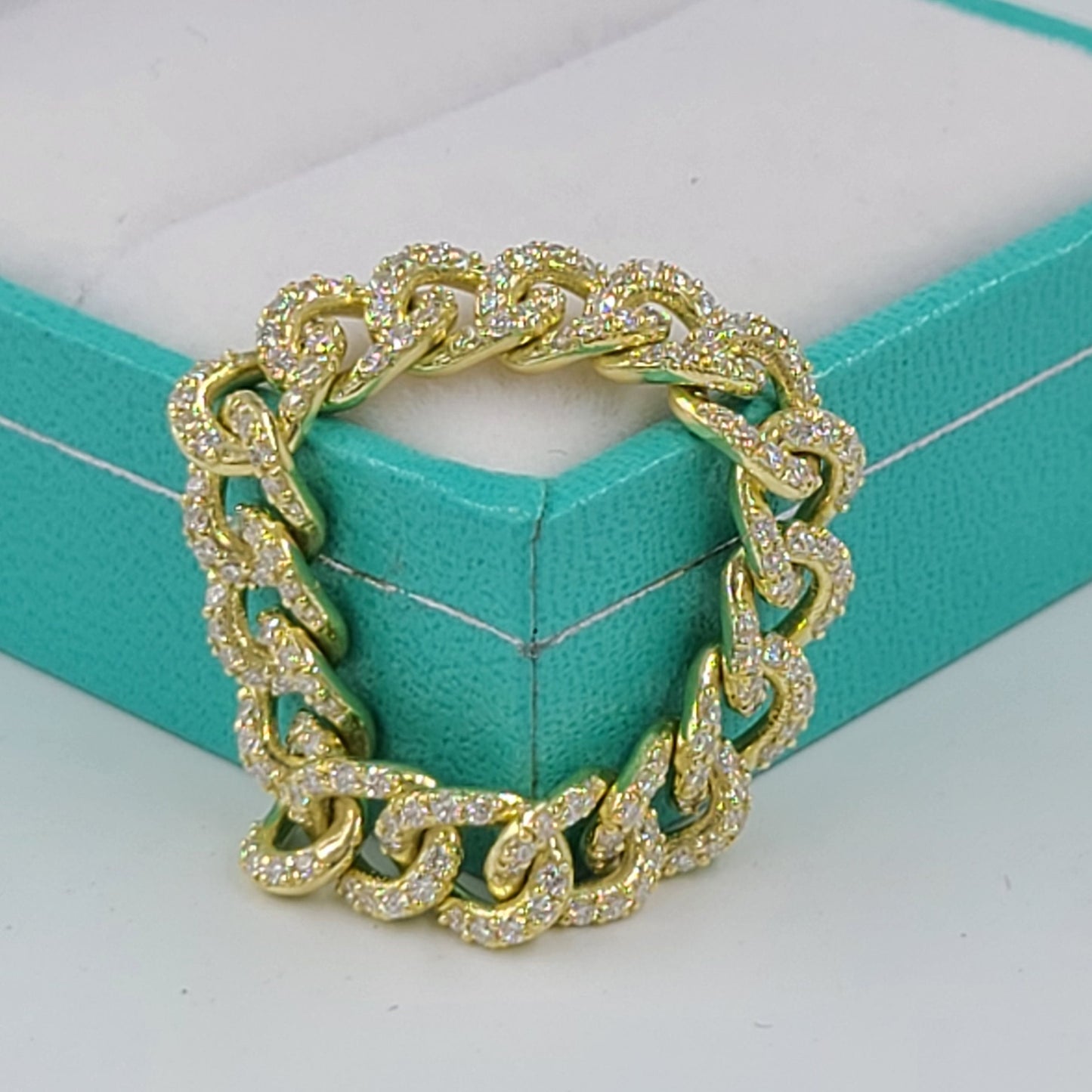 18K Gold Natural Diamond Cuban Link Ring: Handmade Stackable Chain Ring