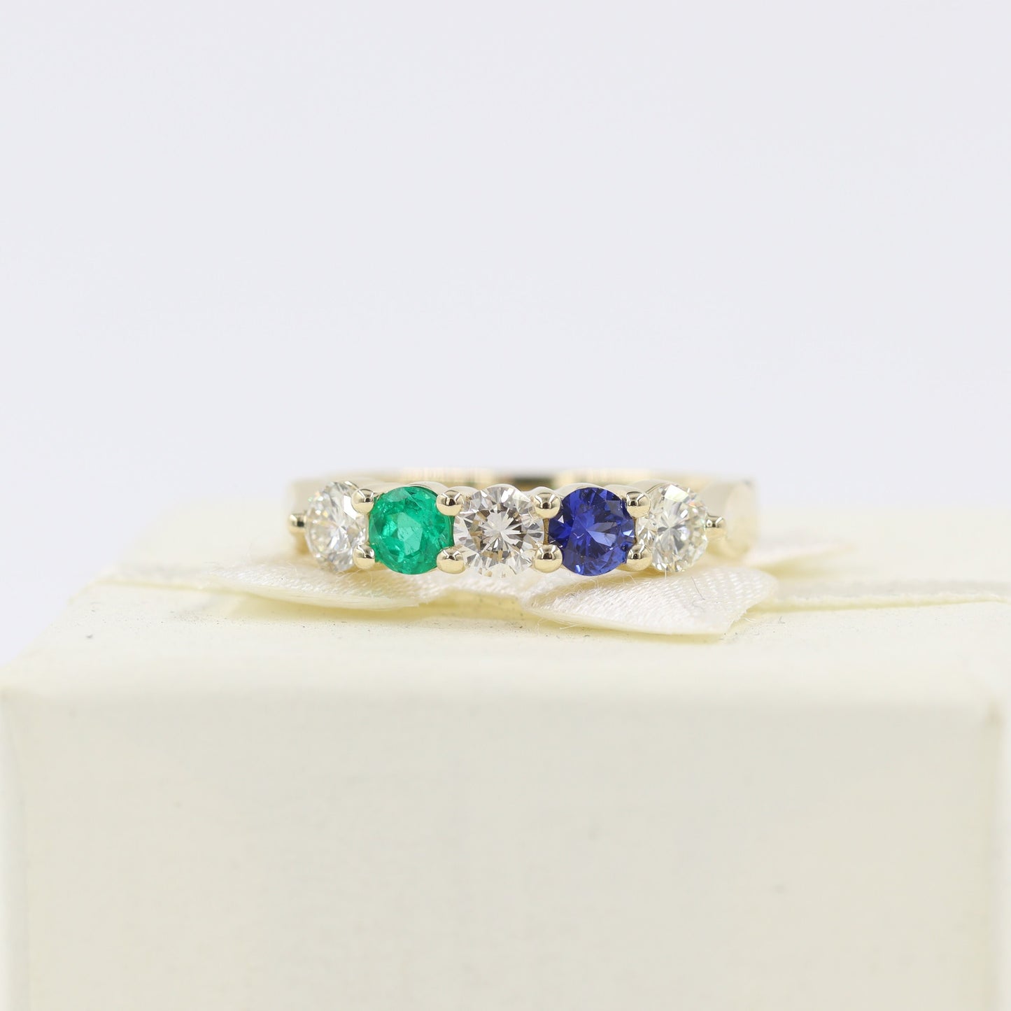 14K Gold Emerald, Sapphire & Natural Diamond Ring - Handmade Statement Ring- Anniversary Gift