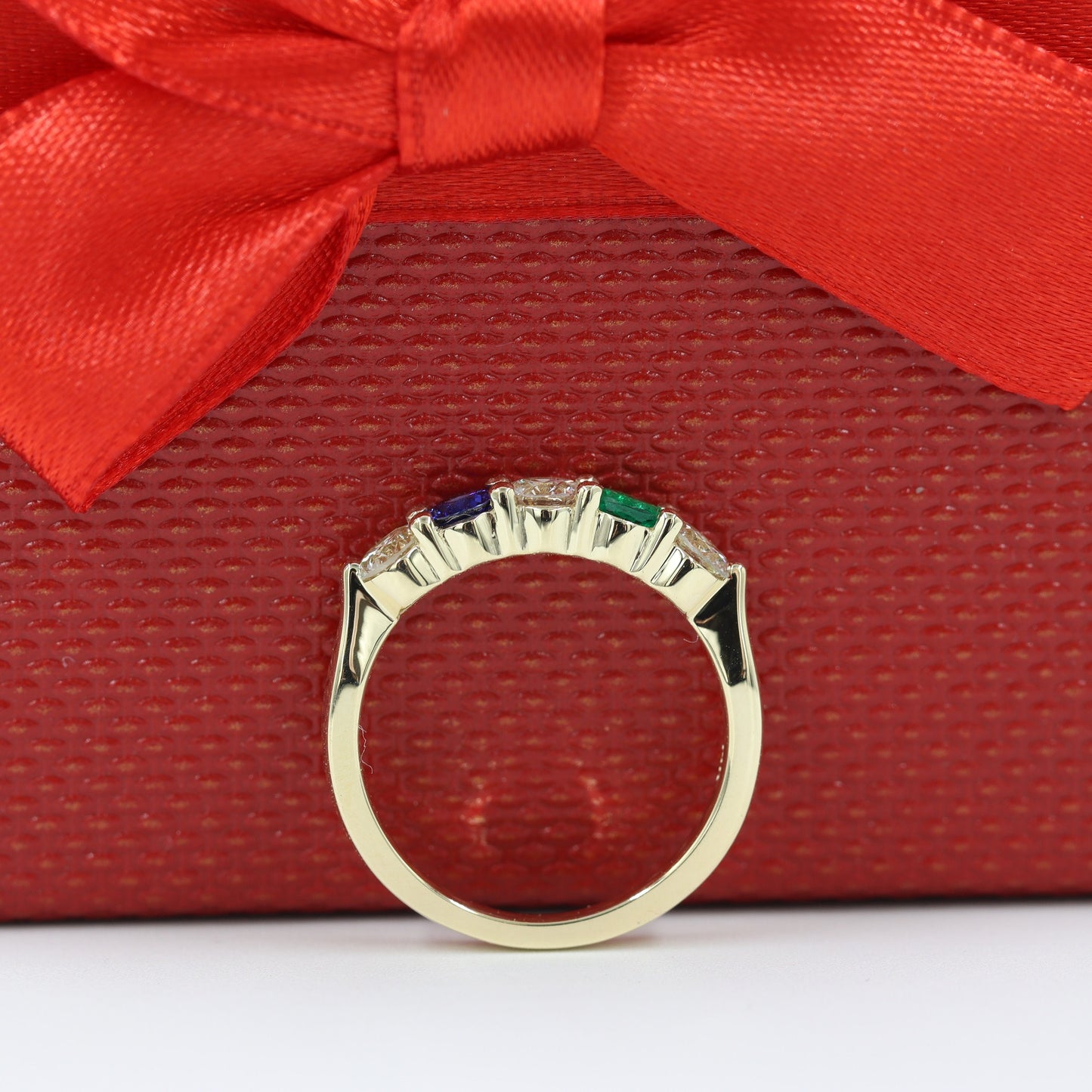 14K Gold Emerald, Sapphire & Natural Diamond Ring - Handmade Statement Ring- Anniversary Gift
