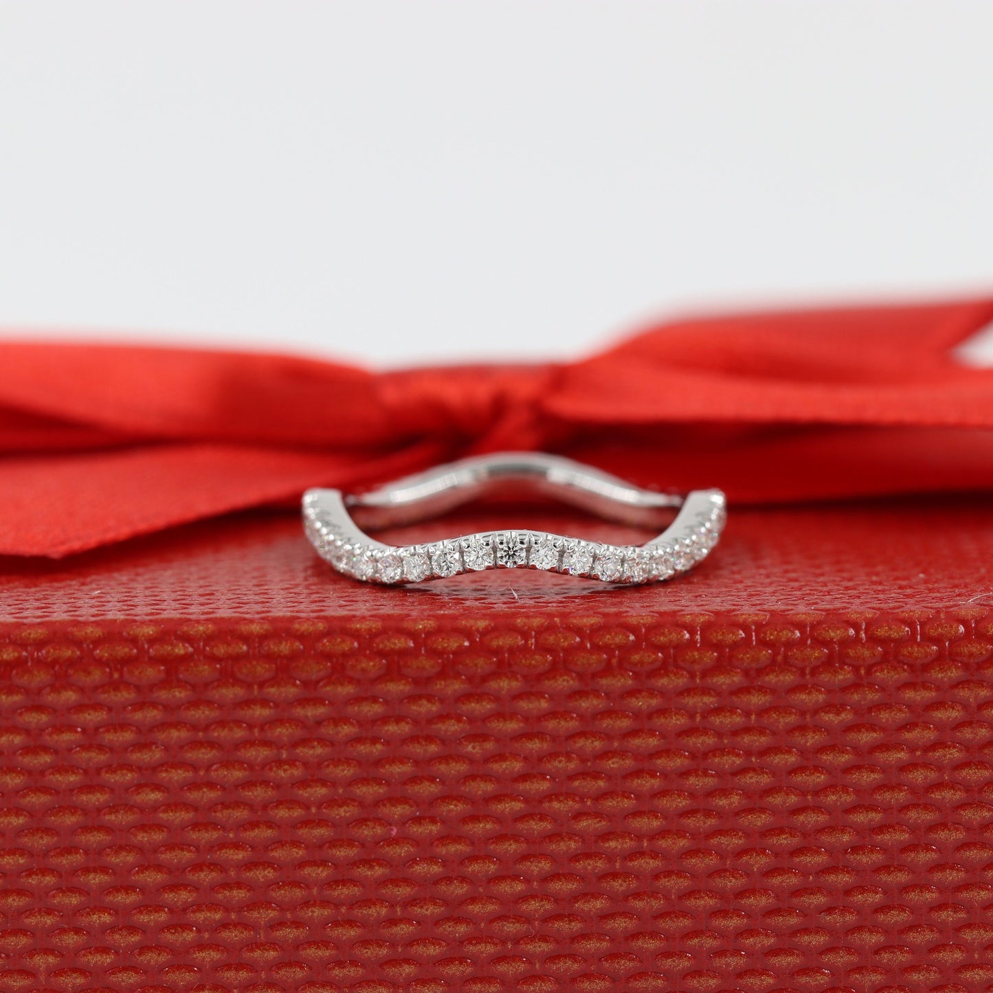 Curved Natural Diamond Wedding Band: 14k Gold Stacking Ring- Anniversary Gift