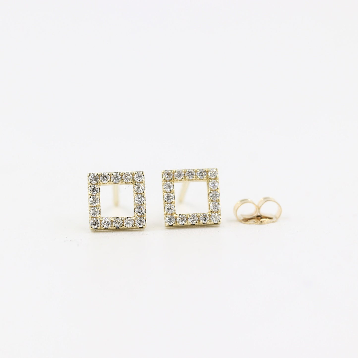 14K Gold Open Square Natural Diamond Stud Earrings: Handmade Fine Jewelry