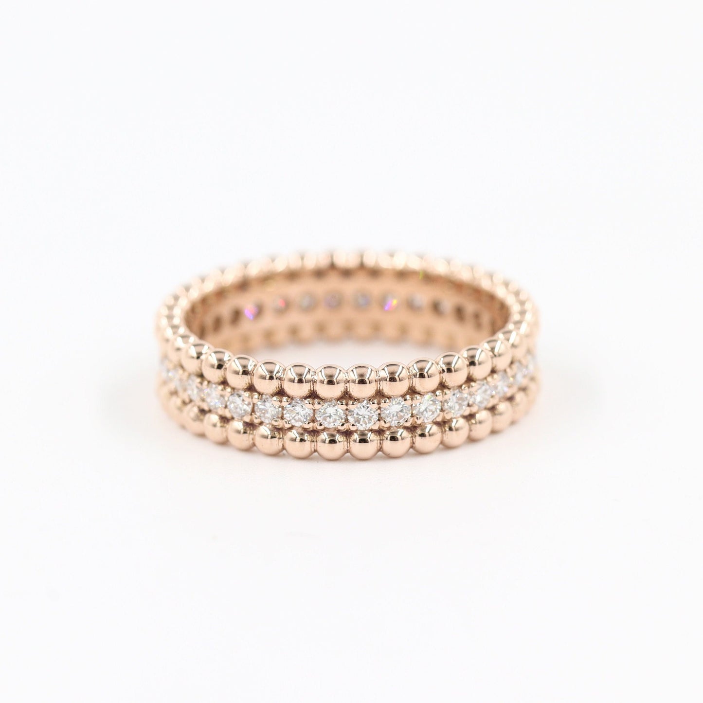 14K Gold Natural Diamond Eternity Ring: Stackable Bead Wedding Band- Anniversary Gift