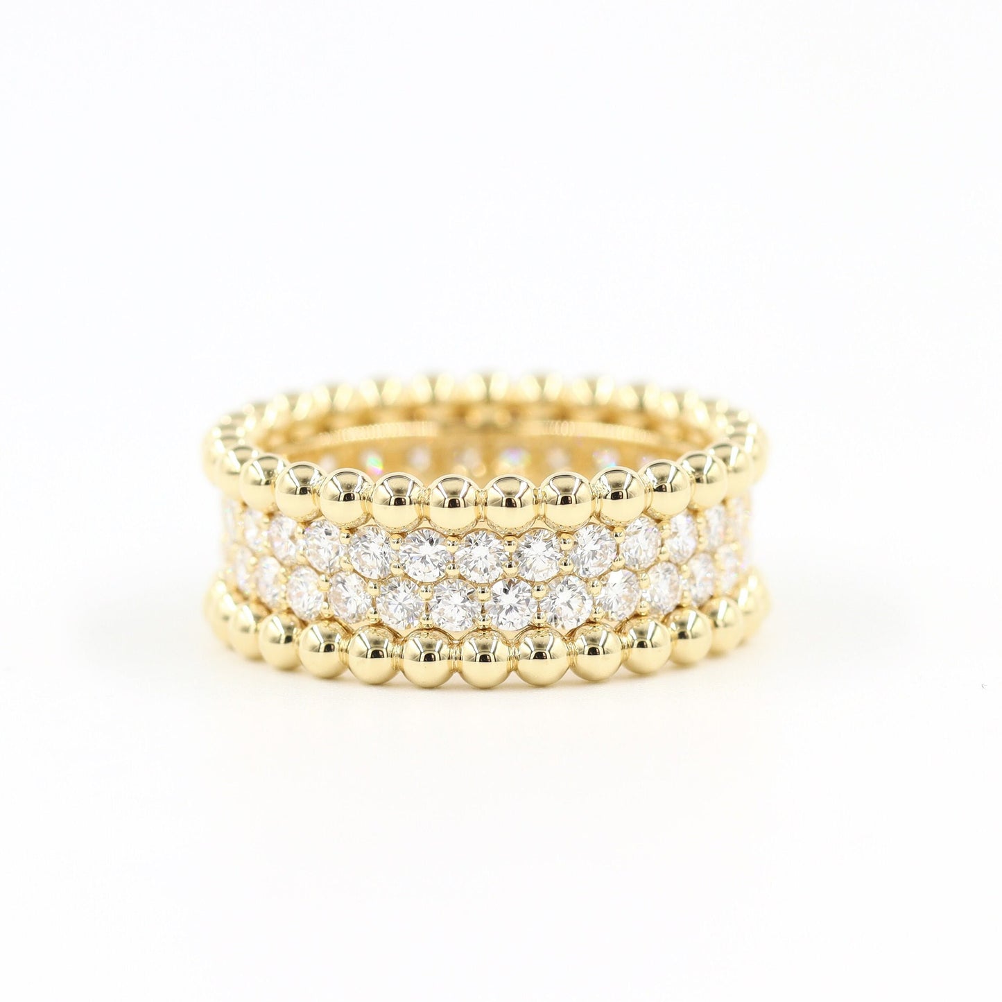 14K Gold 2 Row Natural Diamond Eternity Ring: Stackable Double Bead Anniversary Ring