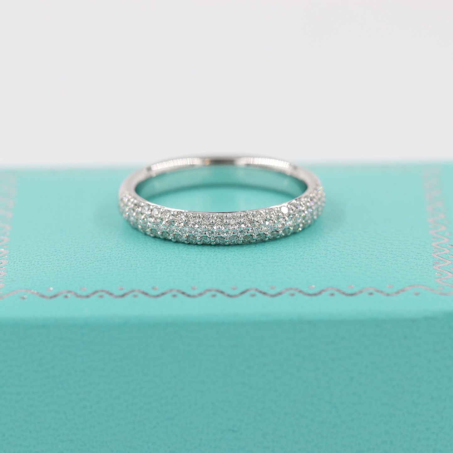 14K Gold 3 Row Natural Diamond 3.3mm Wedding Band:14K Gold Half Eternity Stackable Ring-Anniversary Ring