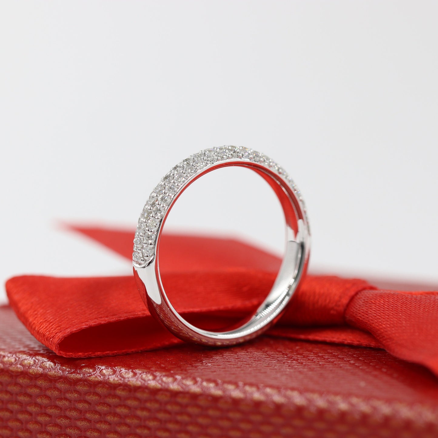 14K Gold 3 Row Natural Diamond 3.3mm Wedding Band:14K Gold Half Eternity Stackable Ring-Anniversary Ring
