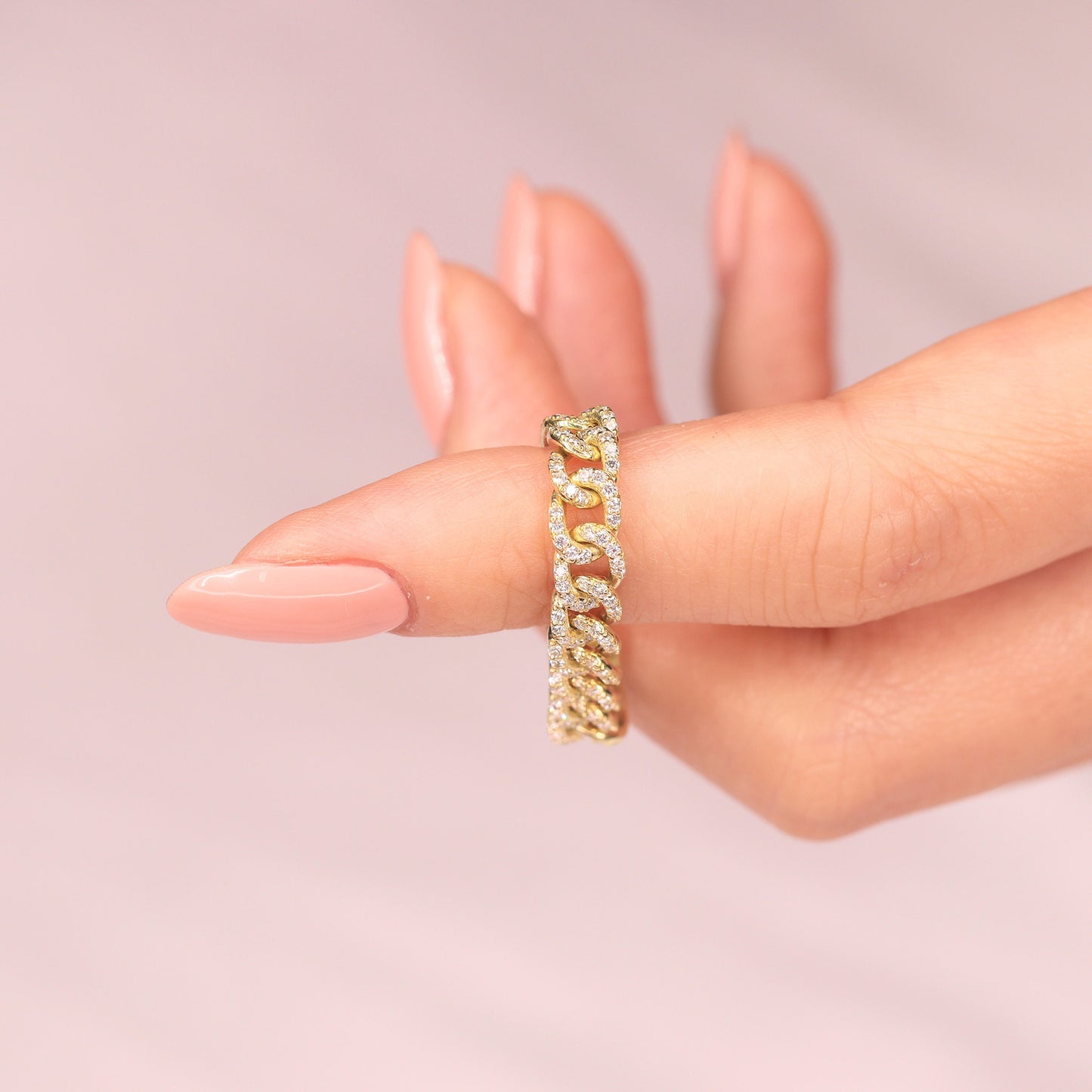 18K Gold Natural Diamond Cuban Link Ring: Handmade Stackable Chain Ring