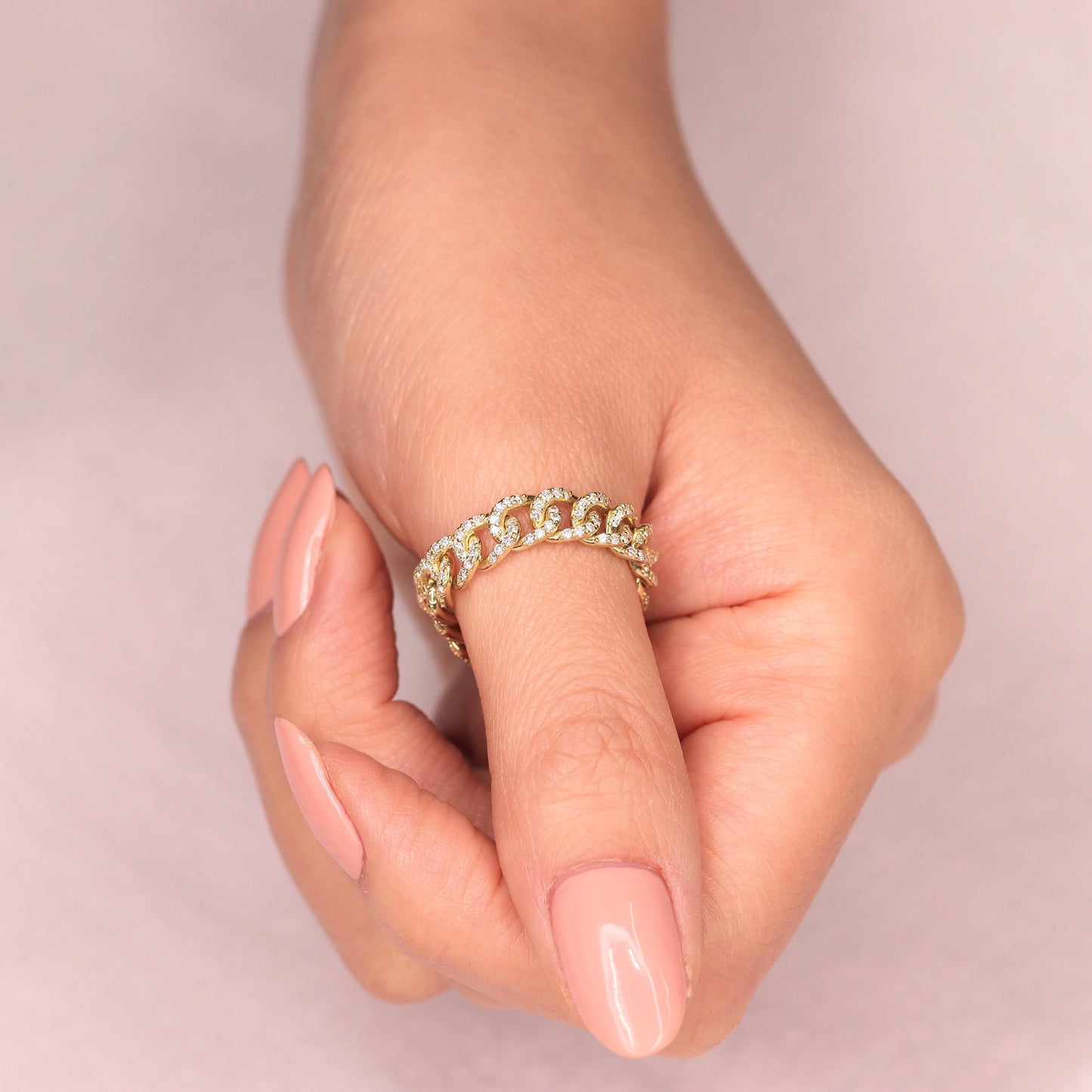 18K Gold Natural Diamond Cuban Link Ring: Handmade Stackable Chain Ring