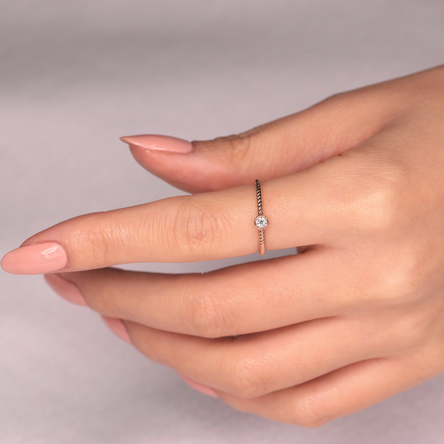 14K Gold Natural Diamond Wedding Ring: Dainty Twist Bezel Diamond Band - Anniversary gift