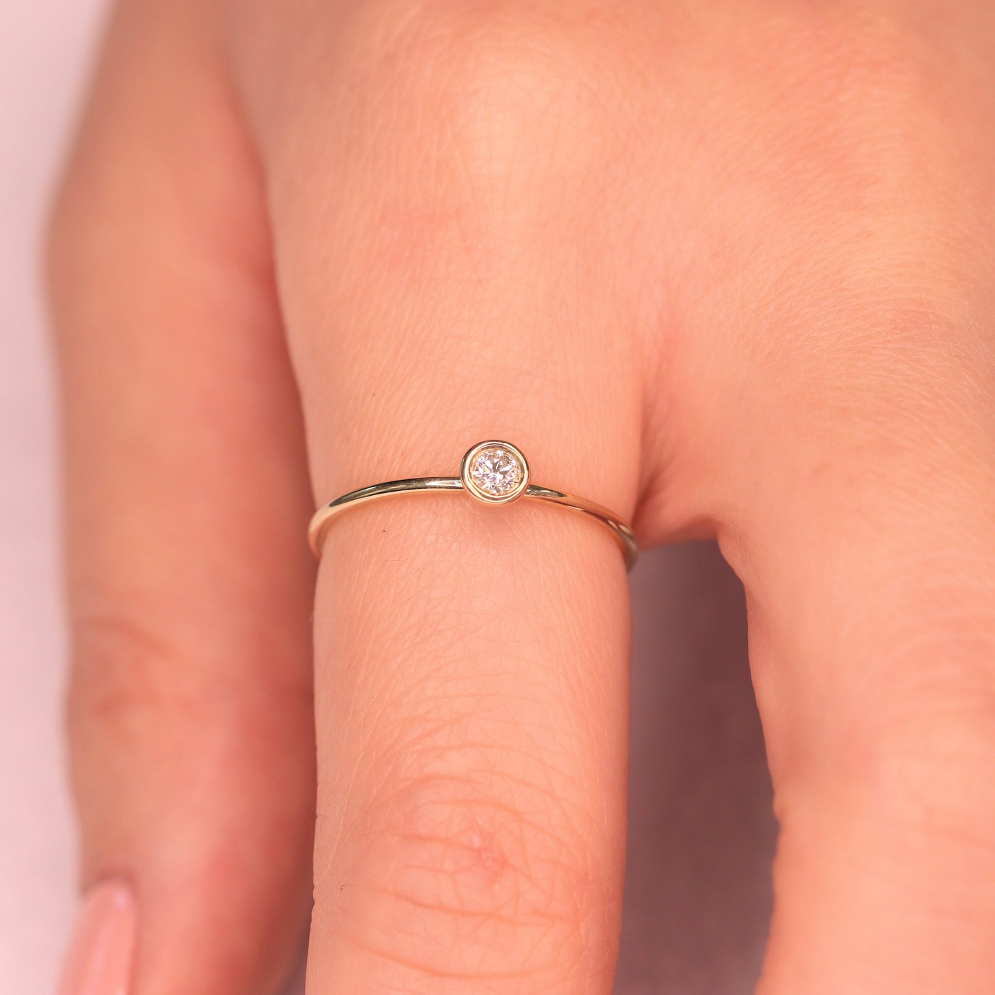 14K Gold Natural Diamond Bezel Ring: Simple Handmade Engagement Ring