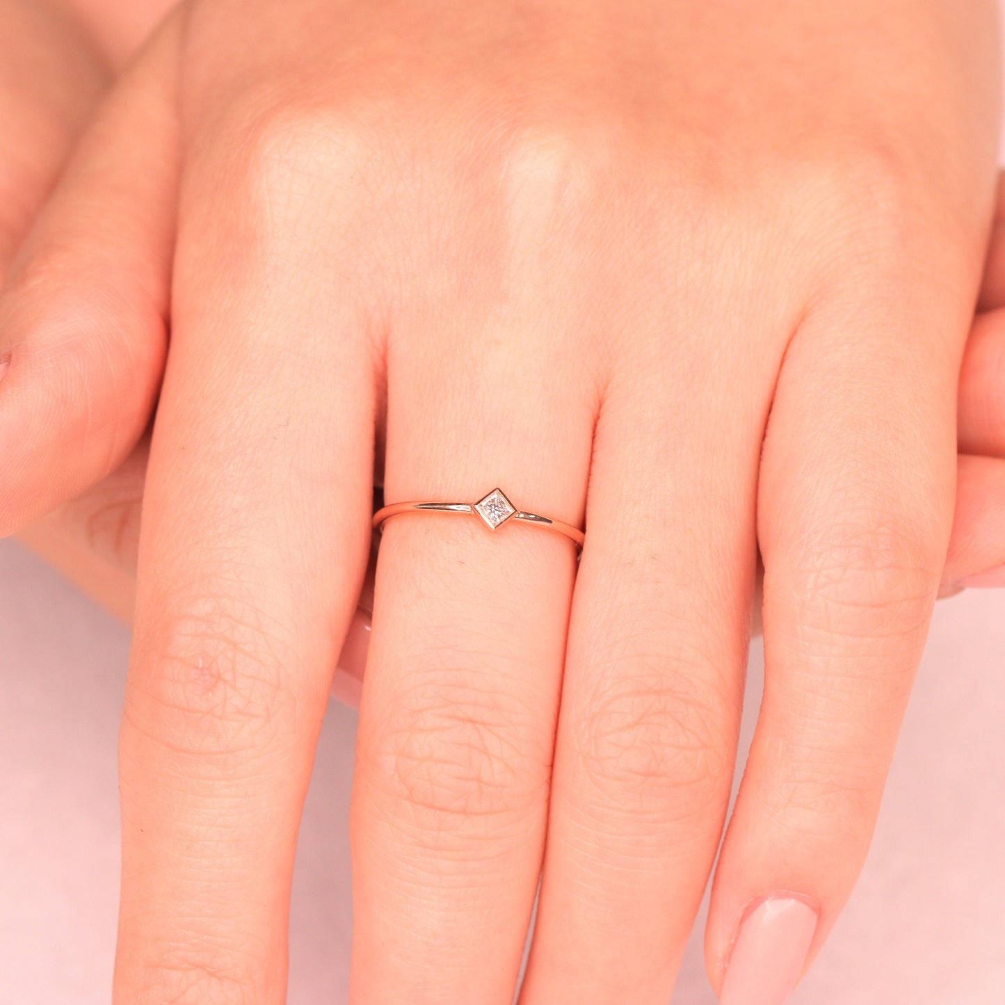 14K Gold Princess Cut Natural Diamond Bezel Ring: Dainty Engagement Ring- Anniversary Gift