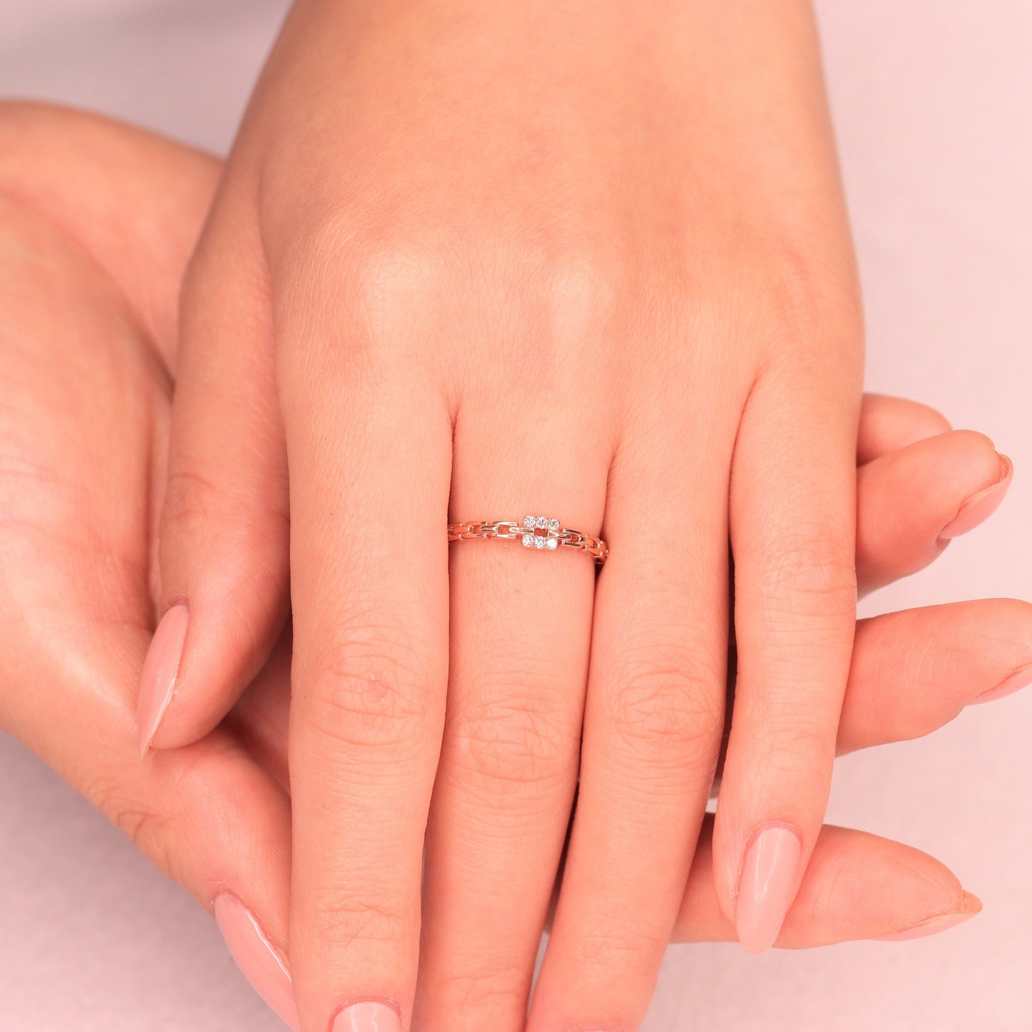 14K Solid Gold Natural Diamond Chain Ring: Minimalist Promise Ring- Anniversary Gift