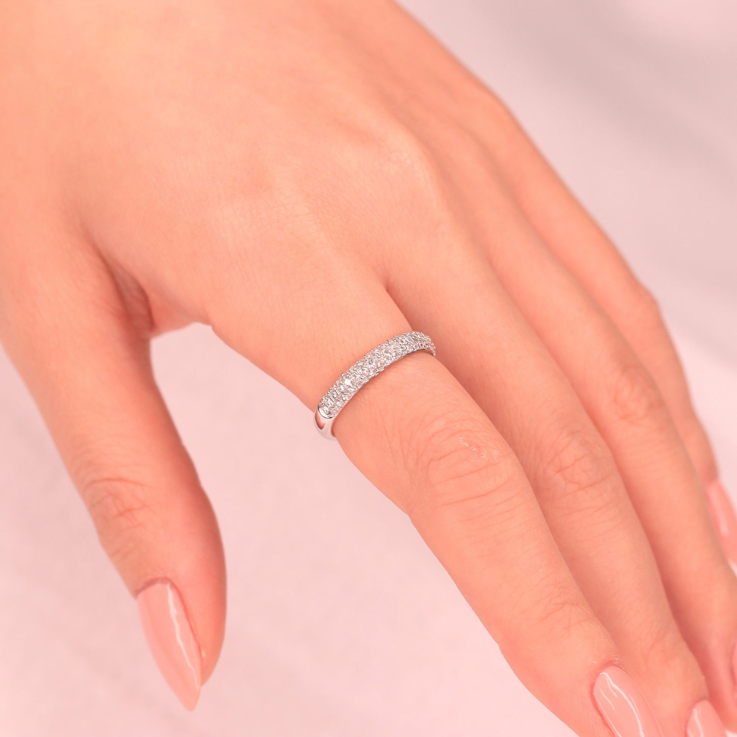 14K Gold 3 Row Natural Diamond 3.3mm Wedding Band: 14K Gold 3/4 Eternity Stackable Ring-Anniversary Ring
