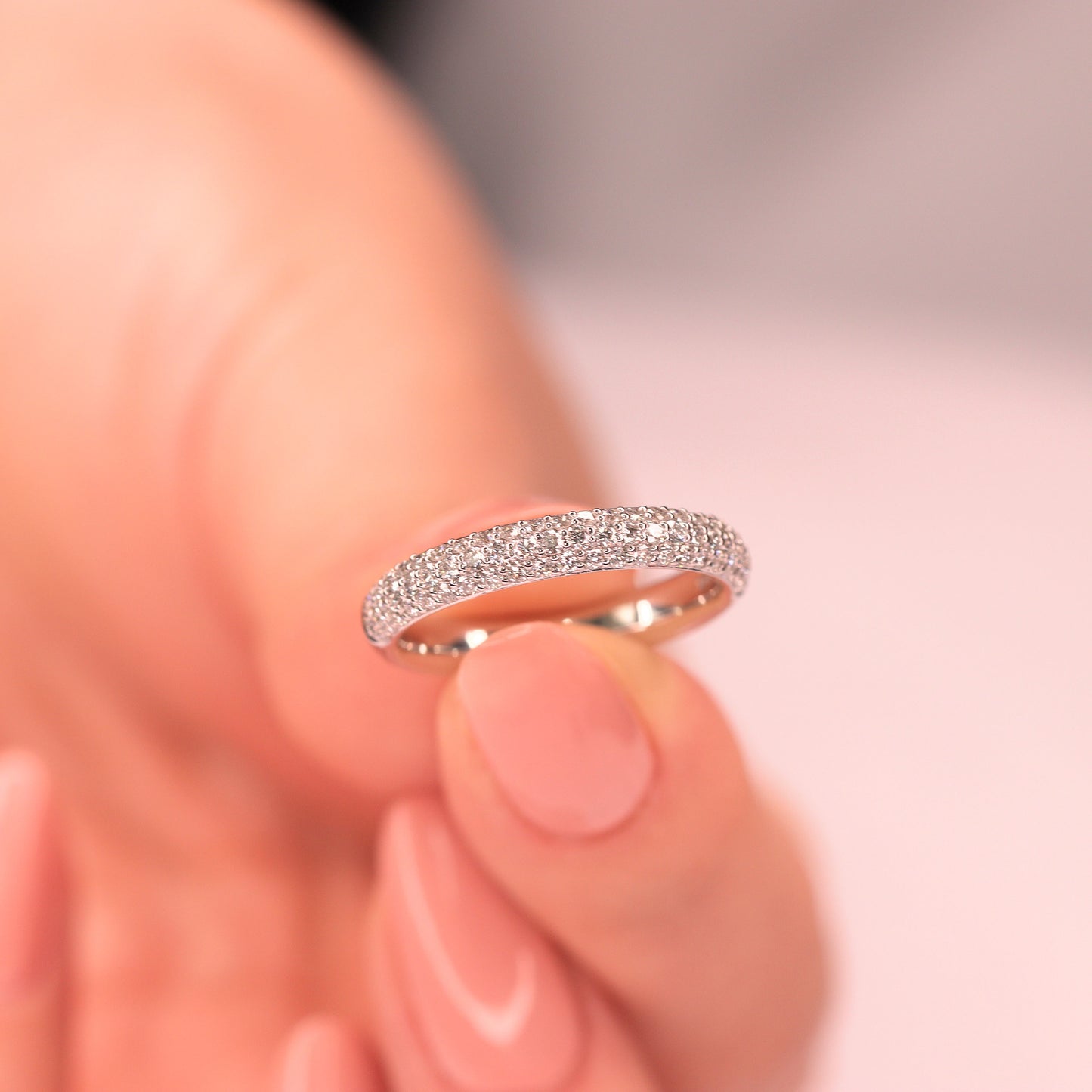 14K Gold 3 Row Natural Diamond 3.3mm Wedding Band:14K Gold Half Eternity Stackable Ring-Anniversary Ring