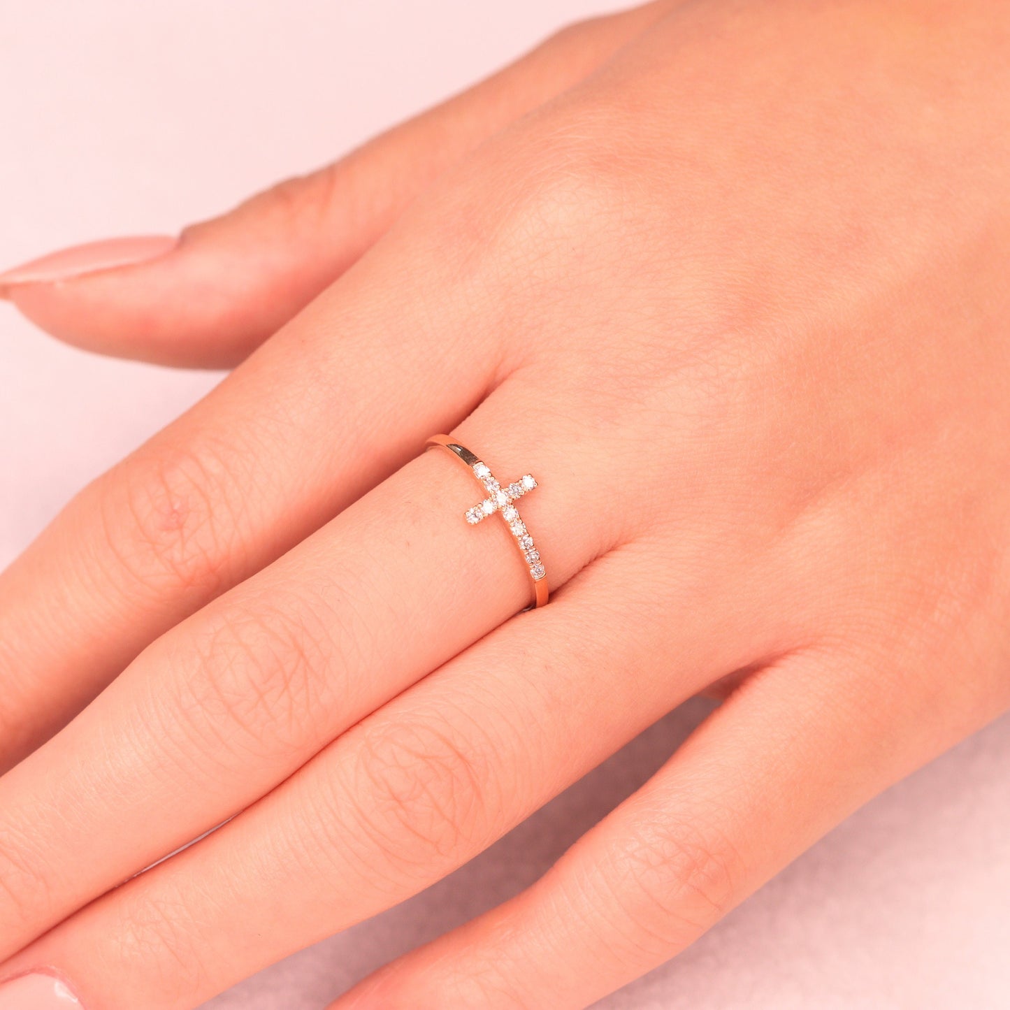 14K Gold Natural Diamond Cross Ring: Religious Wedding Band