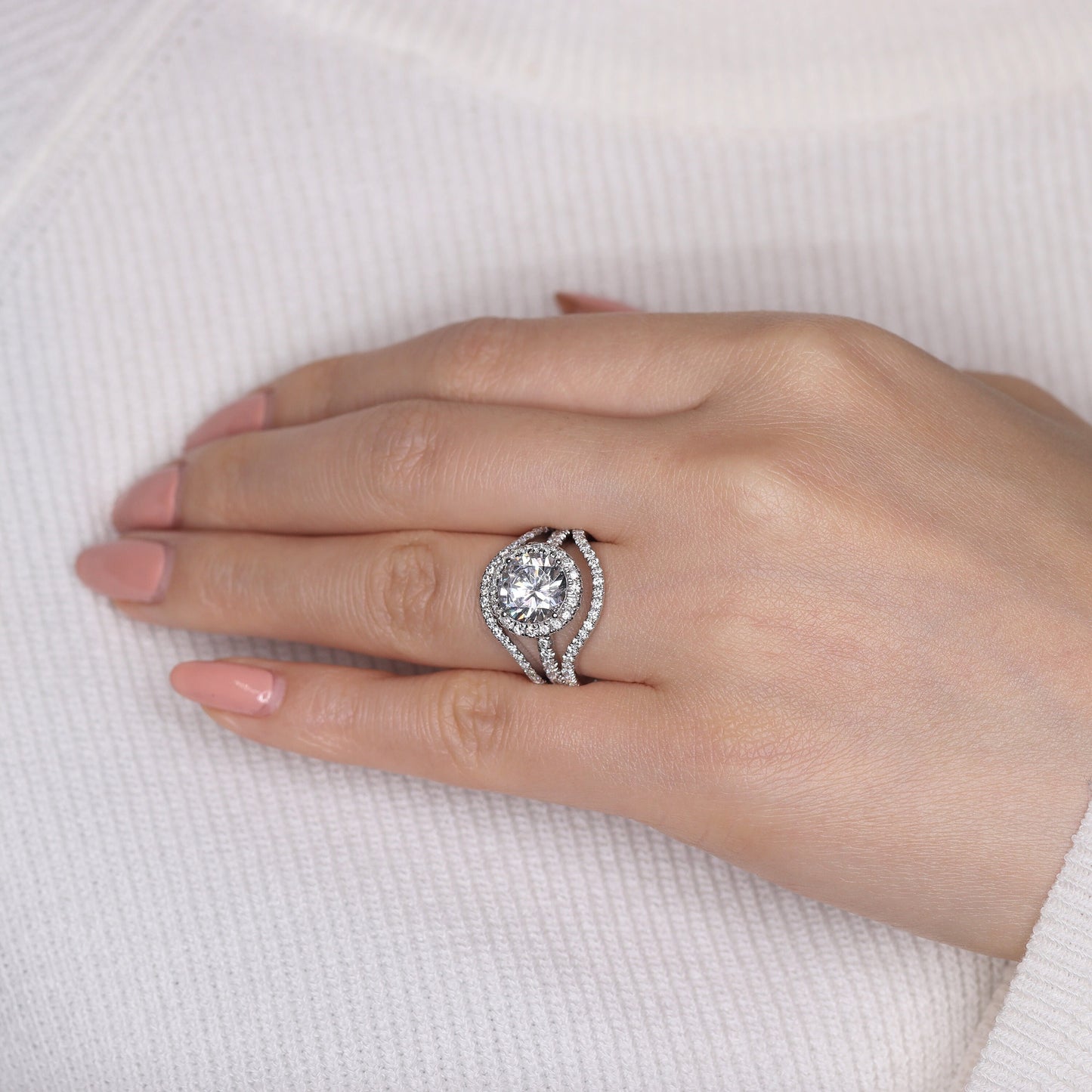Handmade 14K Natural Diamond Wedding Band Set: Curved Stacking Rings