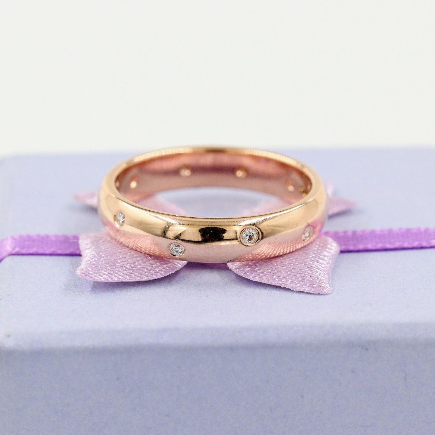 14K Gold Natural Diamond Wedding Band: Stackable Eternity Ring - 4mm Dome Anniversary Ring