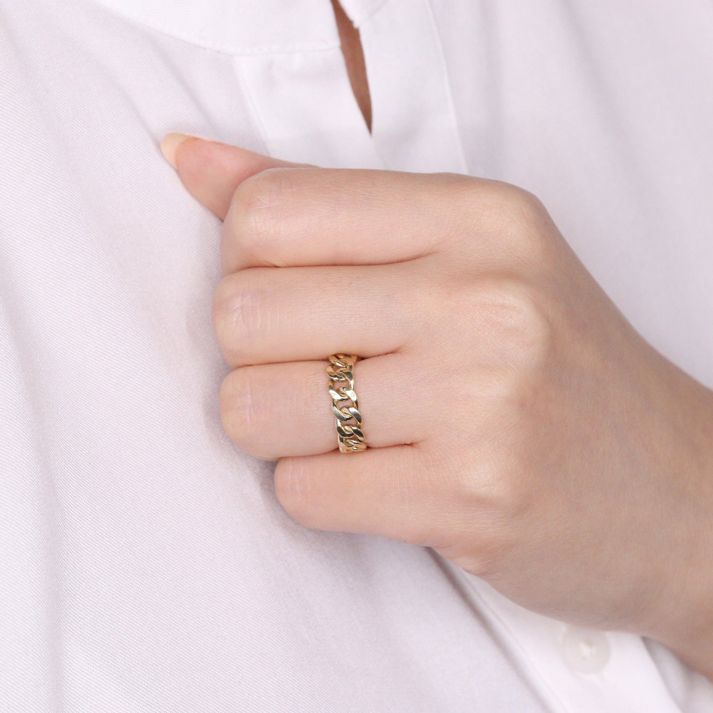 Handmade 14K Solid Gold Cuban Link Ring - Stackable Chain Ring (5.4mm)