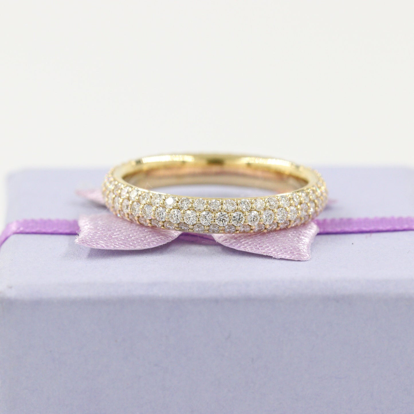 14K Gold 3 Row Natural Diamond 3.3mm Wedding Band: 14K Gold Full Eternity Stackable Ring-Anniversary Ring