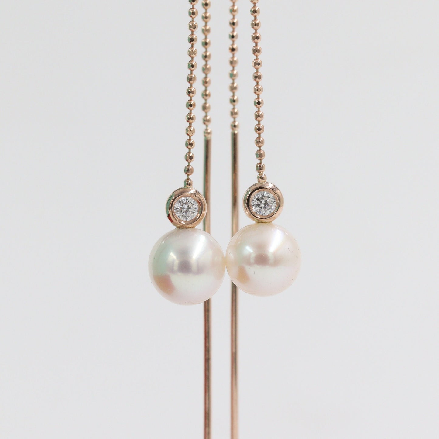 14K Gold Pearl Natural Diamond Dangle Earrings: Minimalist Drop Earring