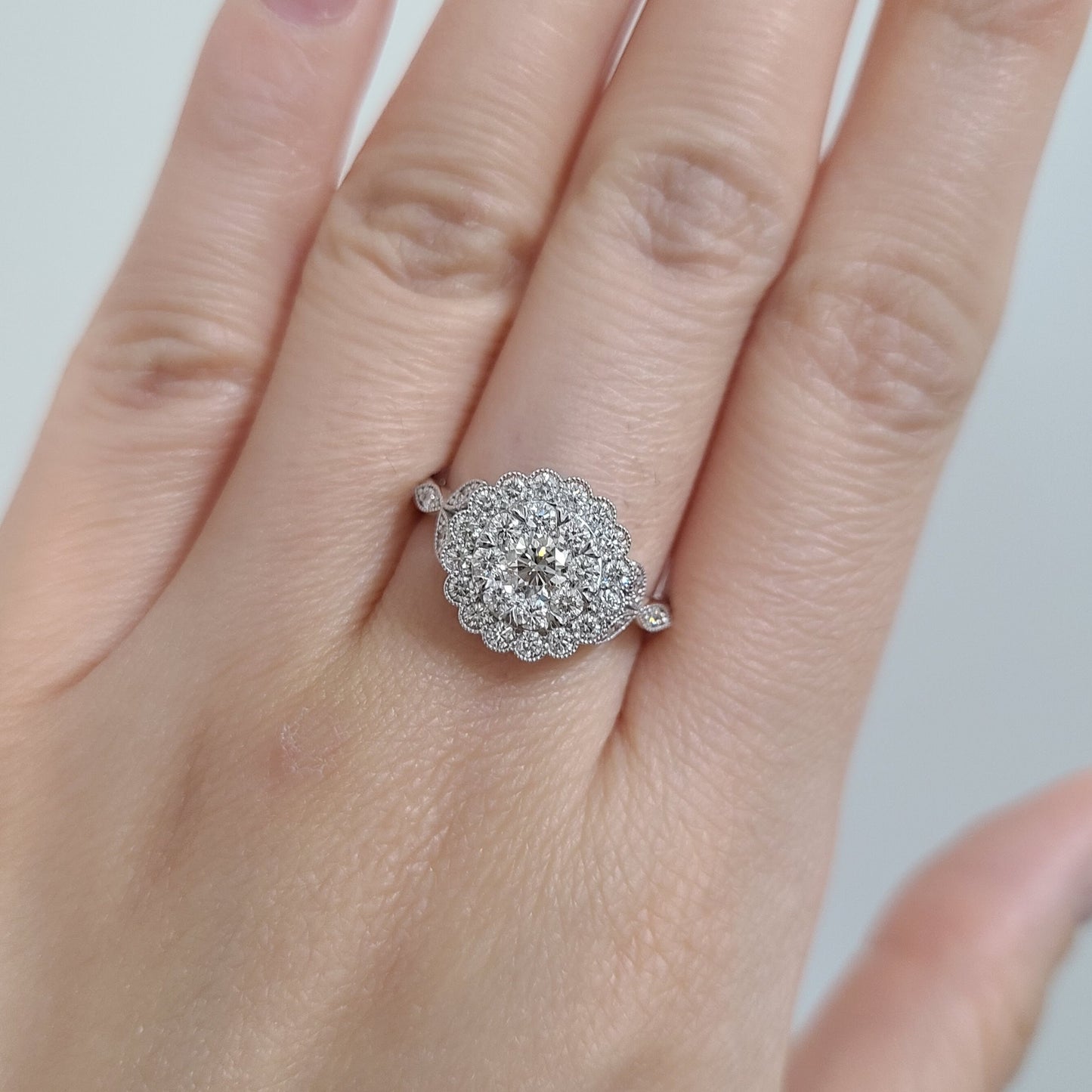 14K Gold Round Halo Natural Diamond Engagement Ring: Handmade Bridal Ring- Anniversary Gift