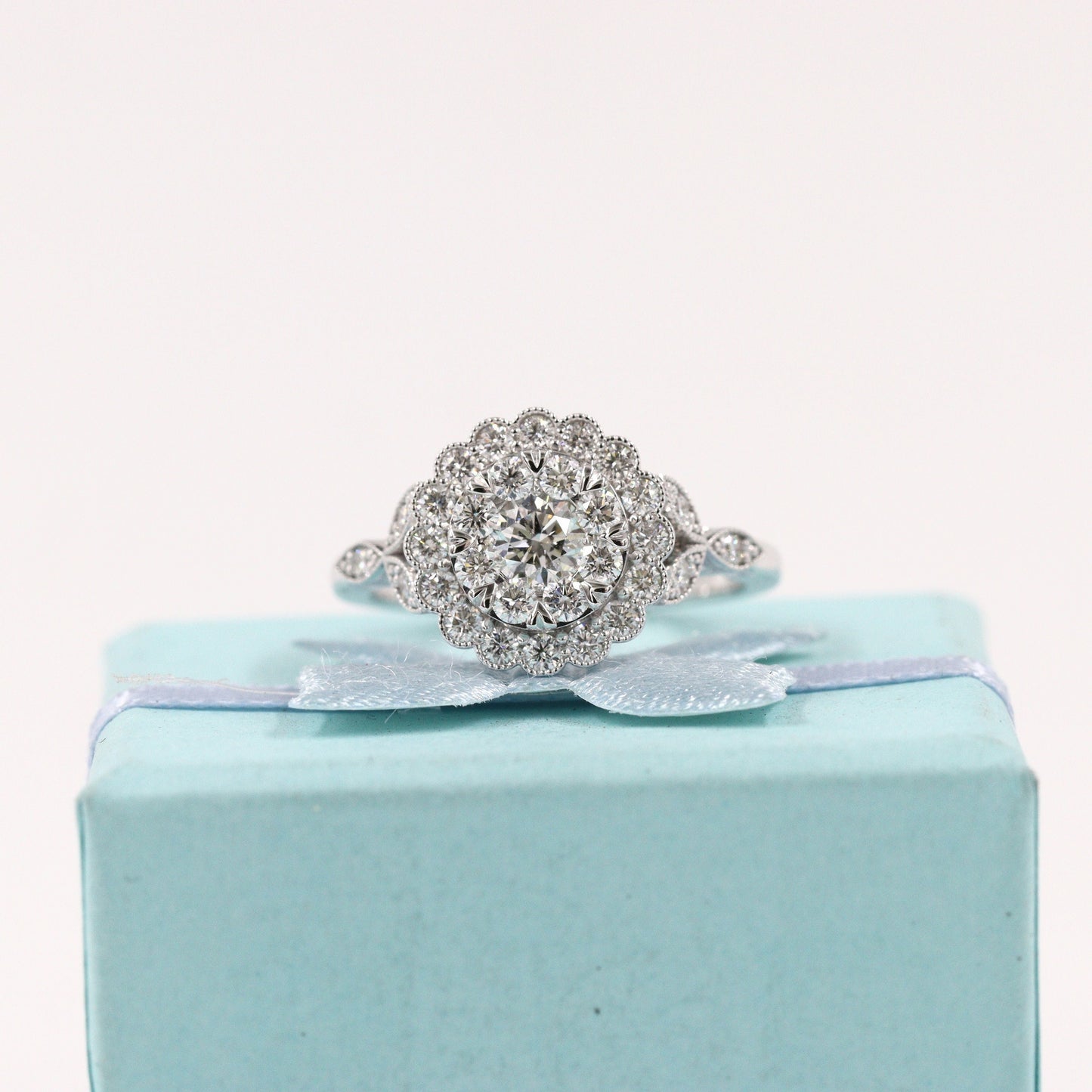 14K Gold Round Halo Natural Diamond Engagement Ring: Handmade Bridal Ring- Anniversary Gift