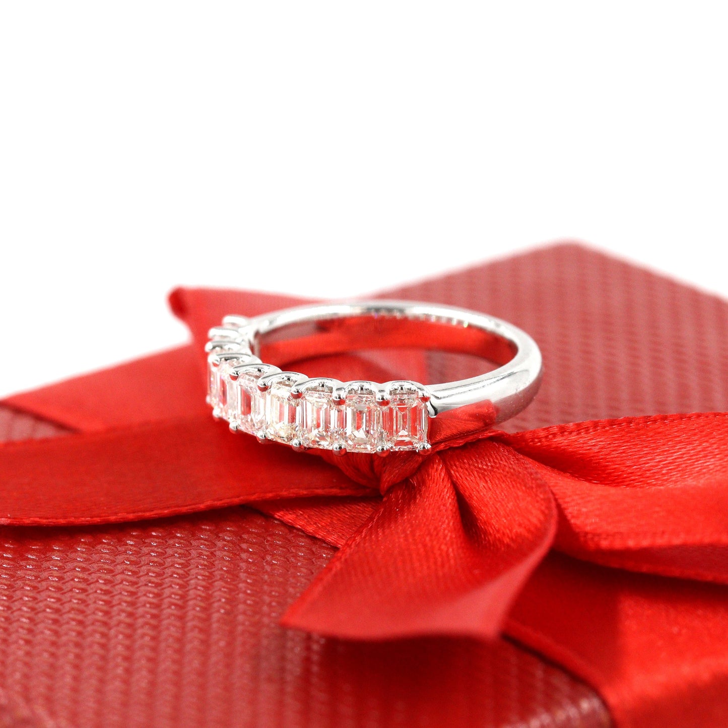 Emerald Cut Natural Diamond Band: 1.3ct Half Eternity Wedding Ring - 14K Gold ,18K Gold, Platinum Diamond Ring - Anniversary gift