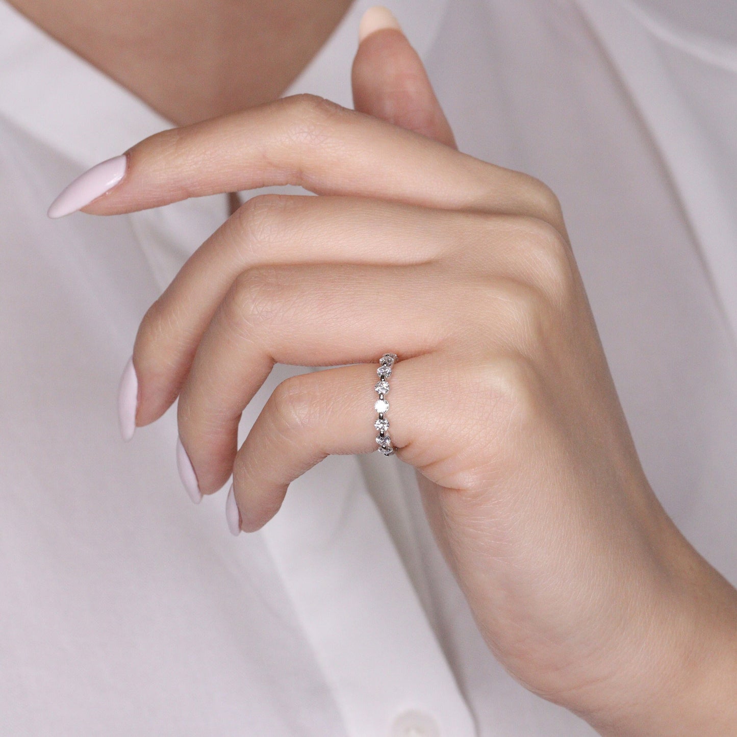 Full Diamond Single Prong 14K Gold Eternity Wedding Band