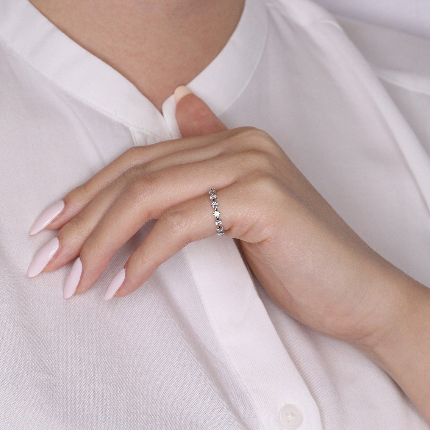 Full Diamond Single Prong 14K Gold Eternity Wedding Band