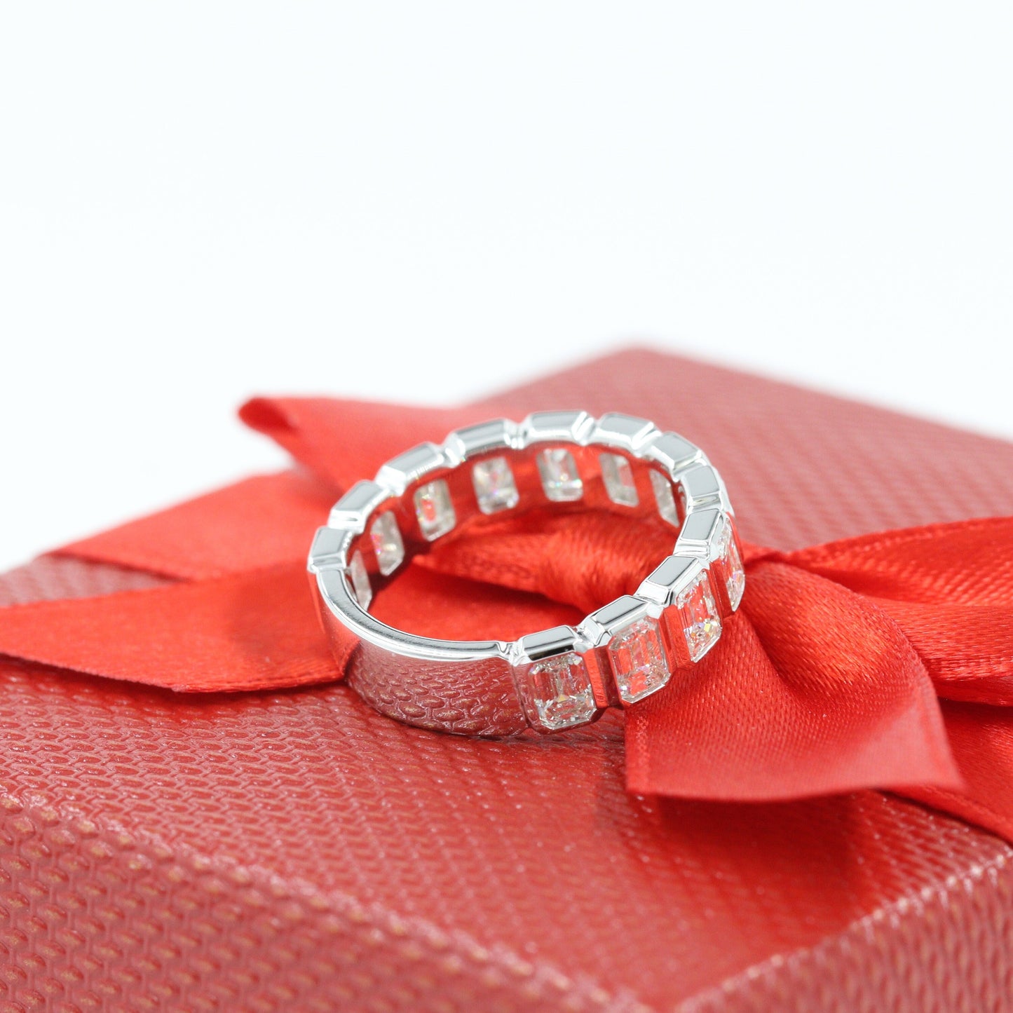 Handmade 2.4ct Emerald Cut Natural Diamond Band: 14k Gold Bezel Set Ring - 18K Gold, Platinum Diamond Ring - Anniversary gift