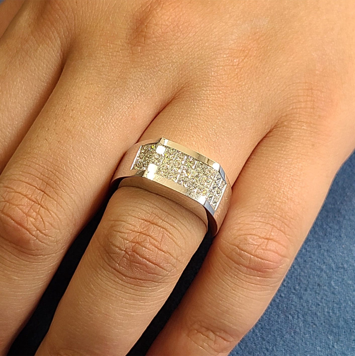 Princess Cut 1.9ct 3 Row Natural Diamond Men's Ring: 14K Gold Invisible Setting Wedding Band