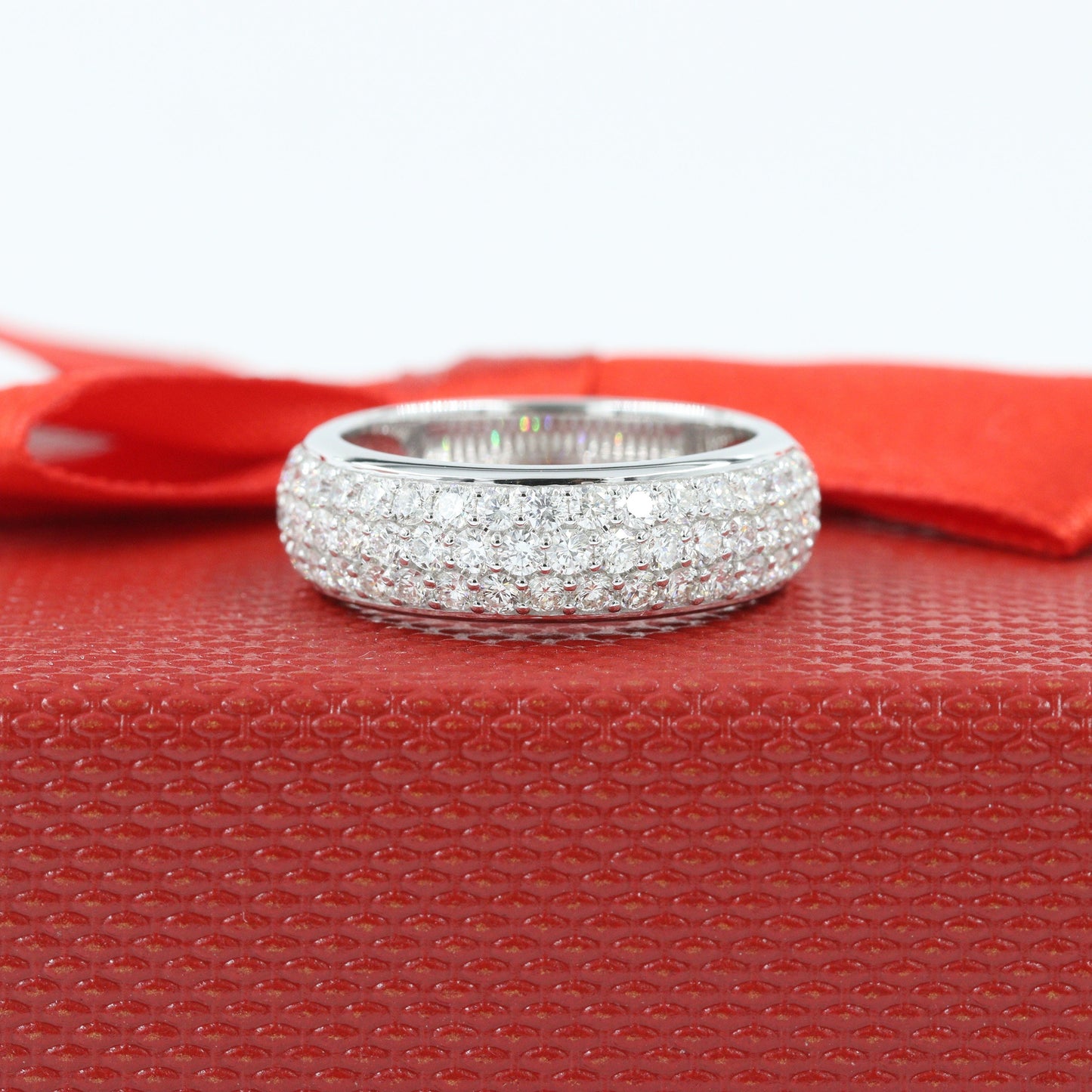 14K Gold 3 Row  Natural Diamond Wedding Band:  6.5mm Width Pave Anniversary Ring- Anniversary Gift