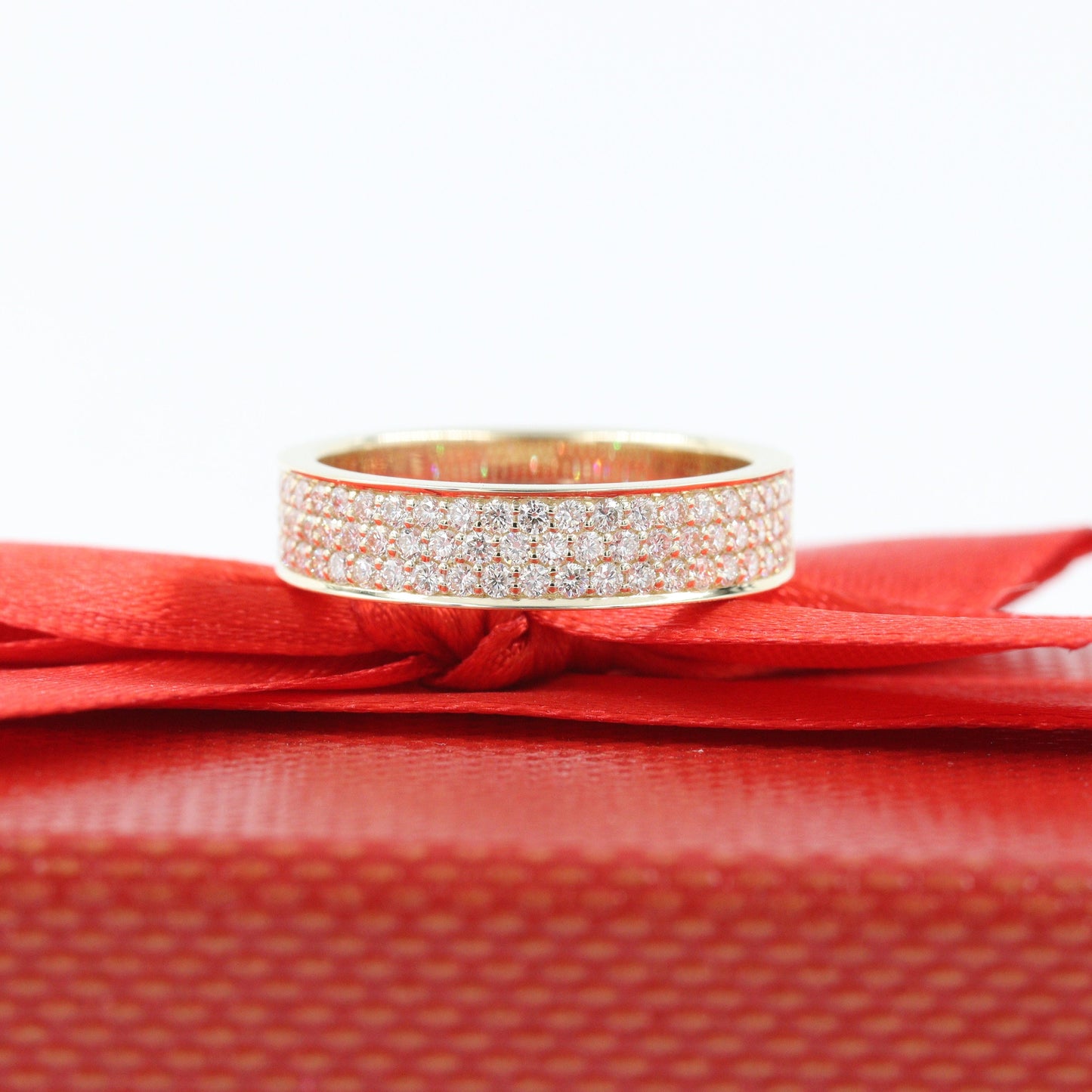 14K Gold 3 Row Natural Diamond Eternity 5mm Band: Diamond Wedding Ring - Triple Row Anniversary Ring