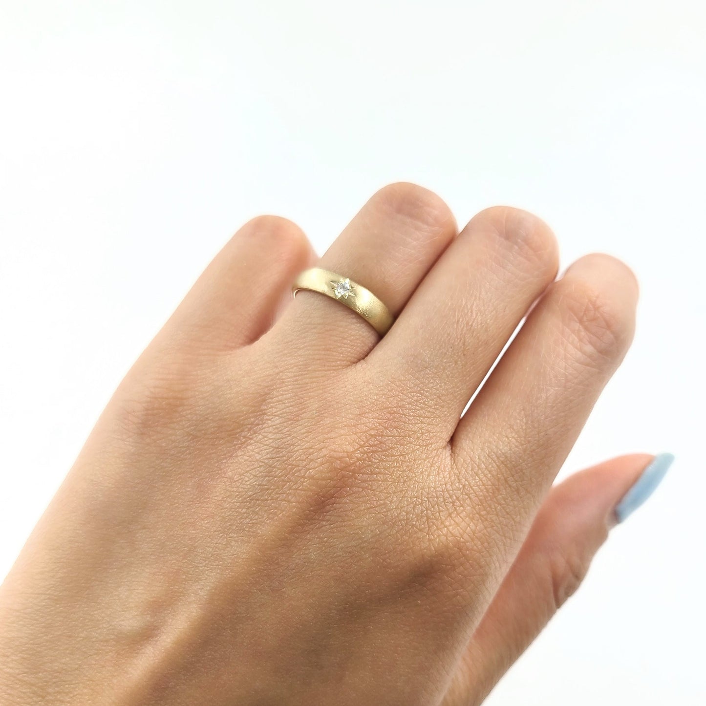 14K Gold Polaris Natural Diamond Dome Star Ring - Handmade Diamond 3mm Wedding Band - Anniversary gift