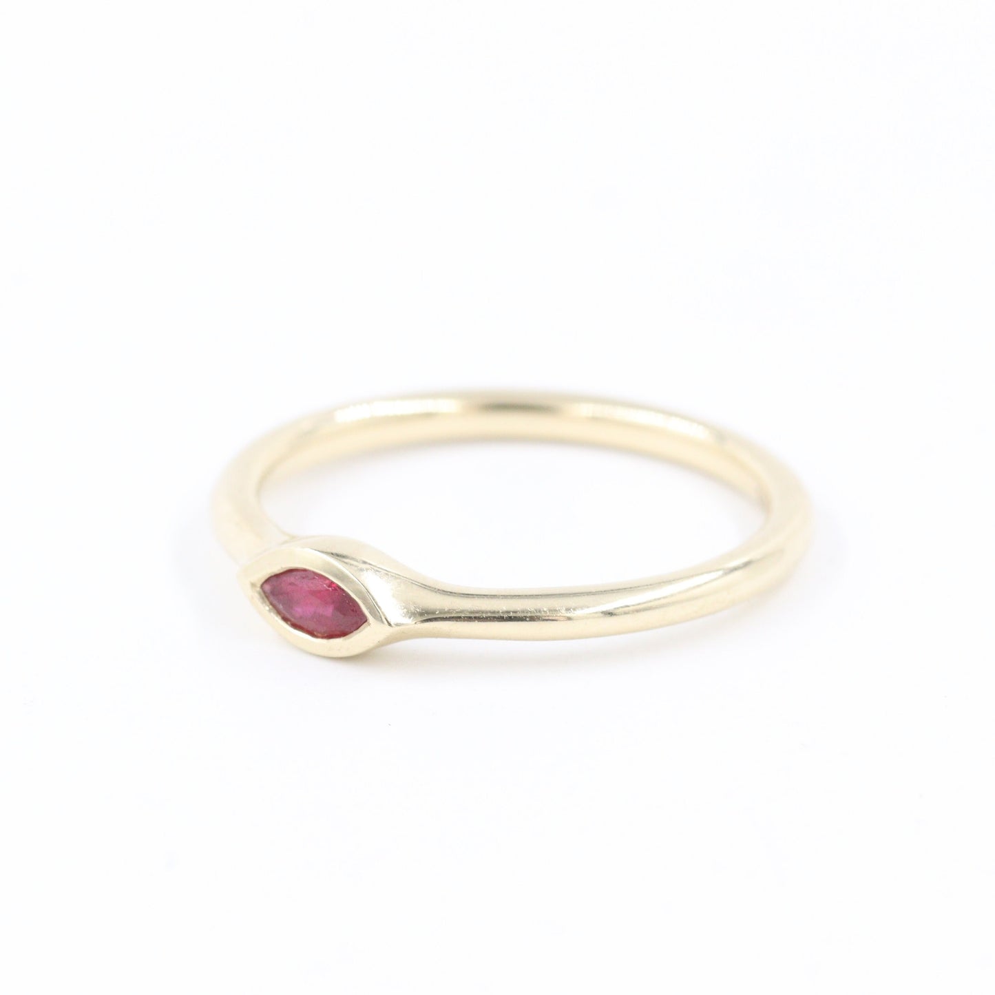 14K Gold Marquise Ruby Ring: Handmade Bezel Solitaire
