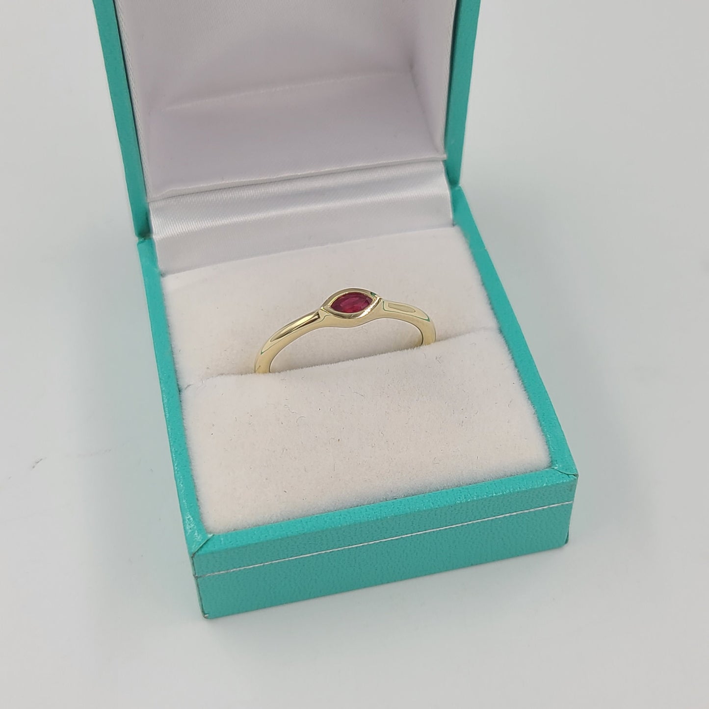 14K Gold Marquise Ruby Ring: Handmade Bezel Solitaire