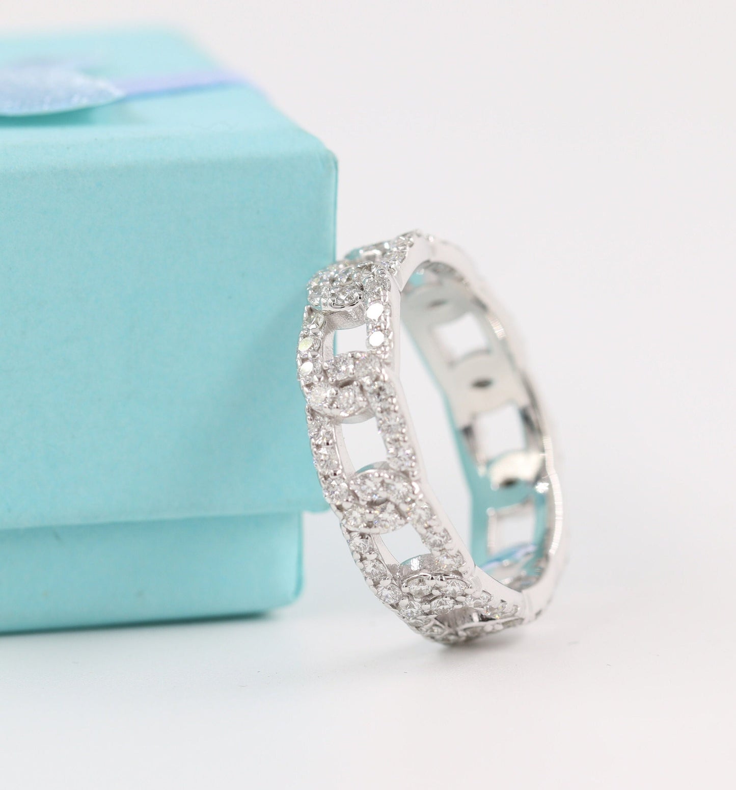 1.4ct Natural Diamond Chain Link Ring: 14K Gold Stackable Band- Anniversary Gift