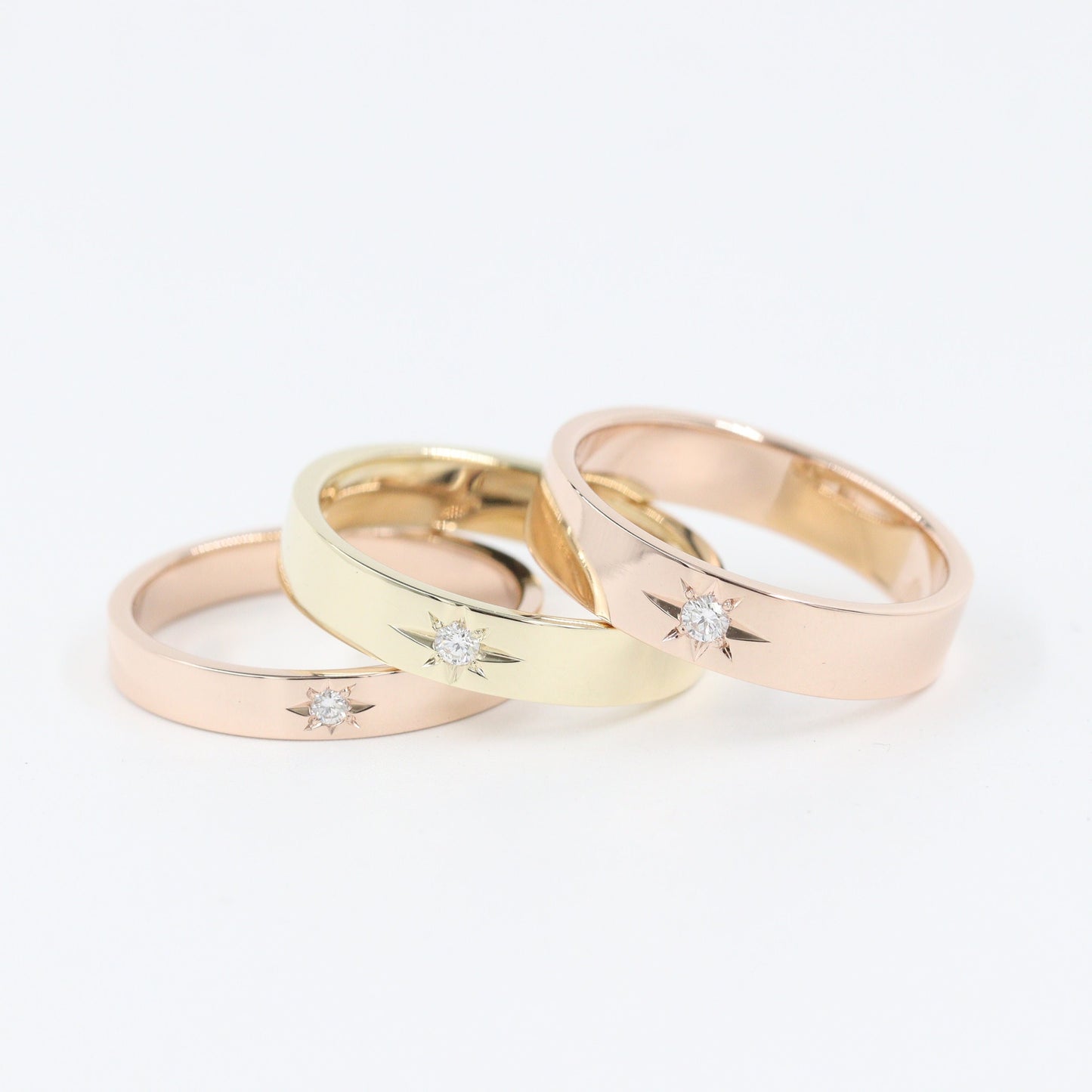 14K Gold Natural Diamond Star Ring: Handmade Flat 4.5mm Wedding Ring - Anniversary gift