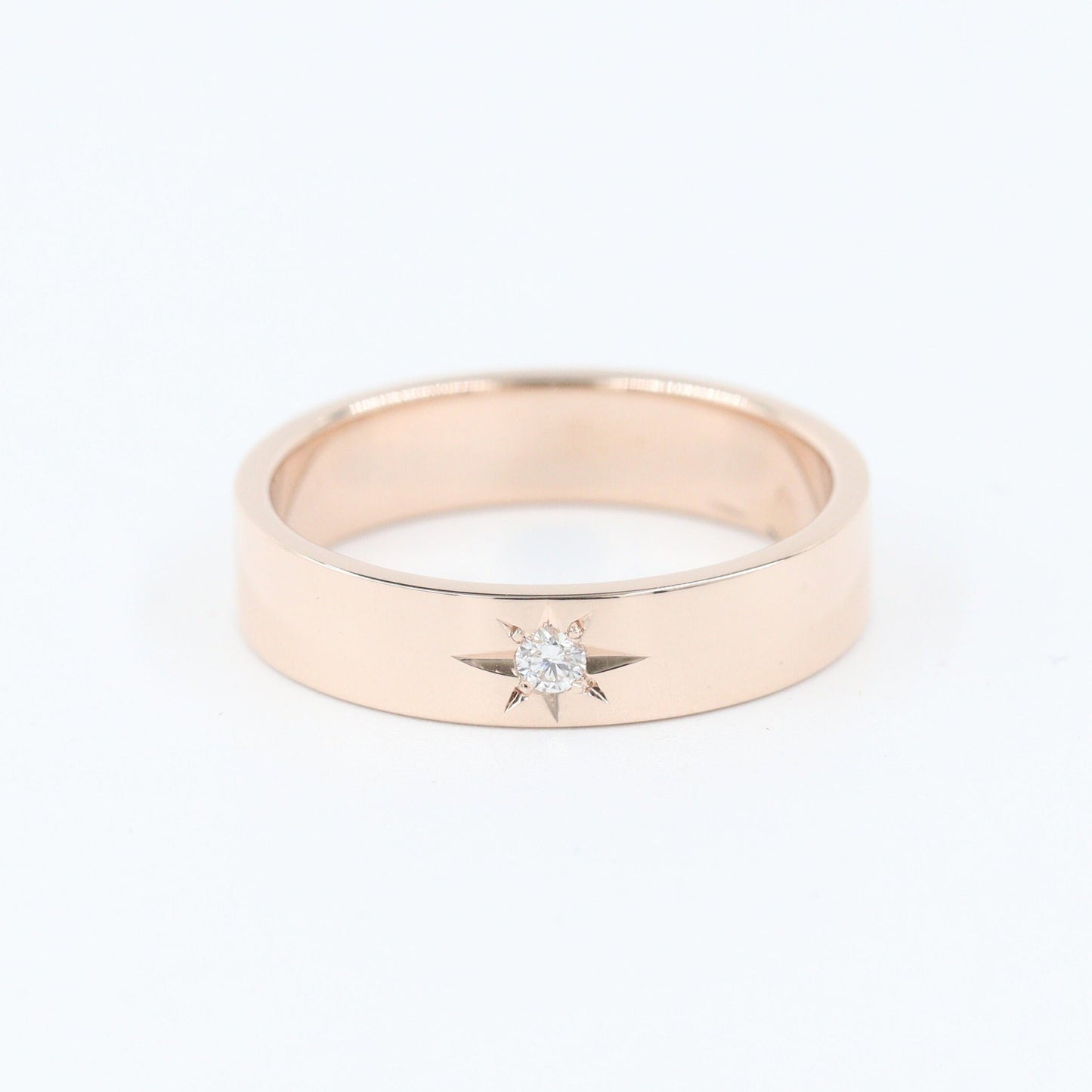14K Gold Natural Diamond Star Ring: Handmade Flat 4.5mm Wedding Ring - Anniversary gift