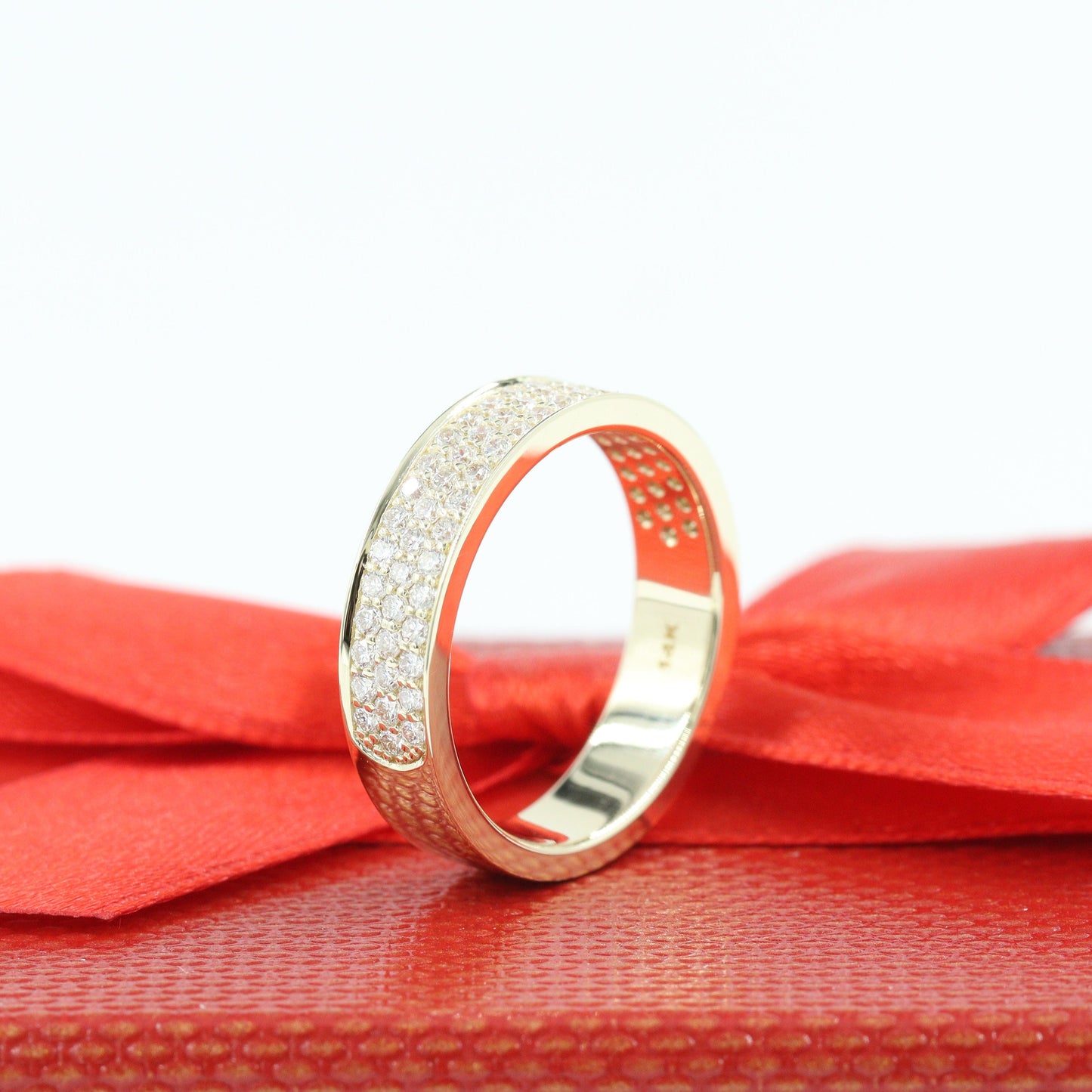 14K Gold 3 Row Natural Diamond Eternity 5mm Band: Diamond Wedding Ring - Triple Row Anniversary Ring