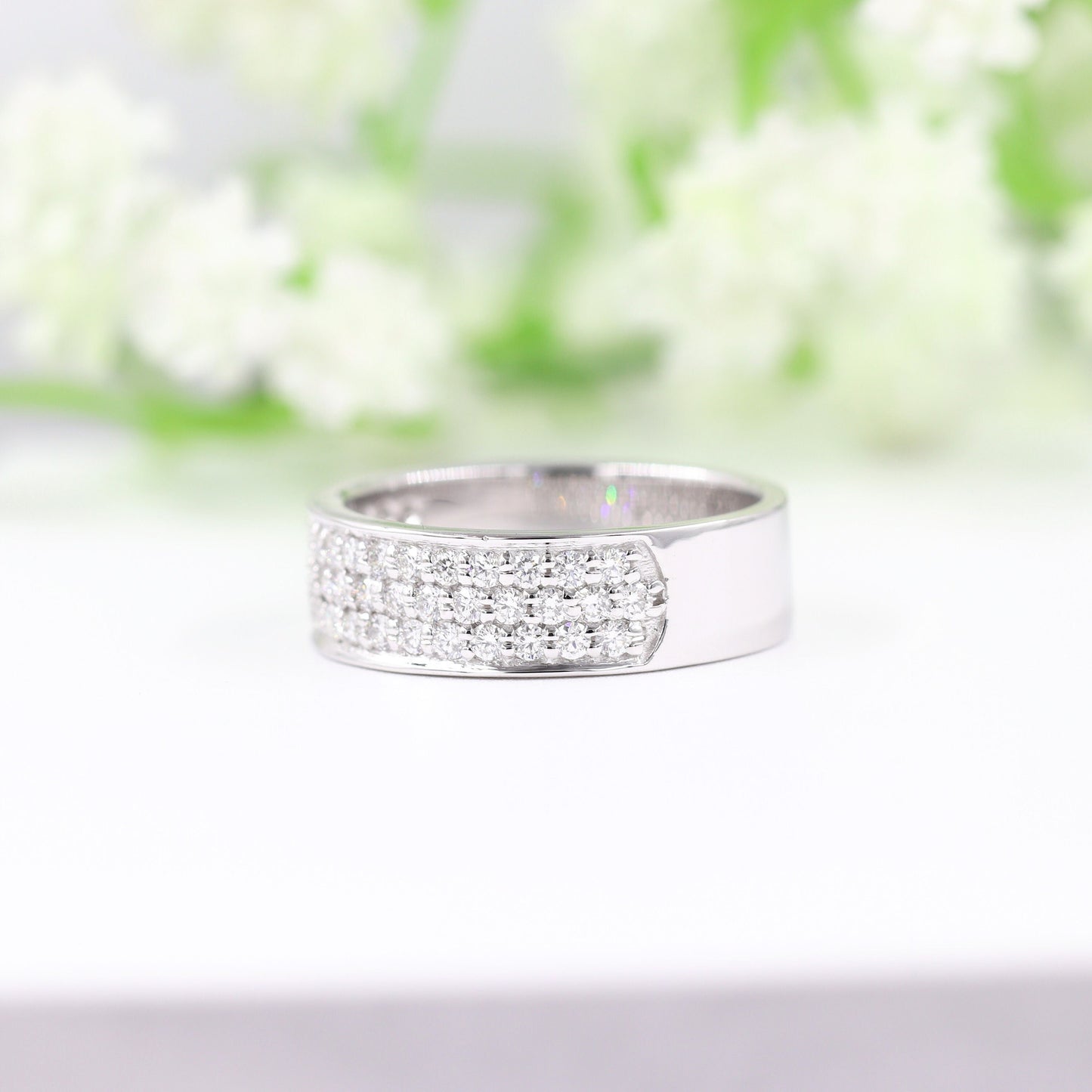14K Gold 3 Row Natural Diamond Eternity 6mm Band: Triple Row Anniversary Ring